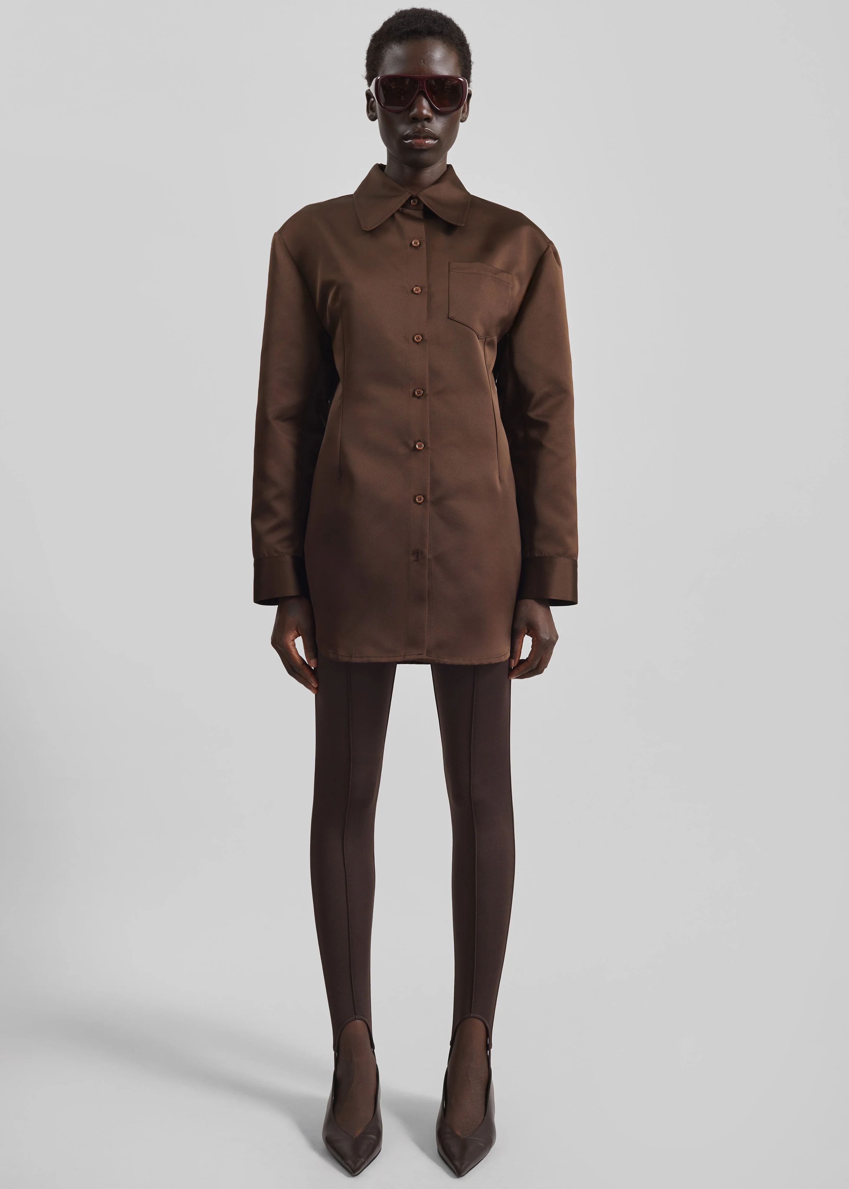 Akita Satin Cinched Shirt Dress - Brown - Image 4