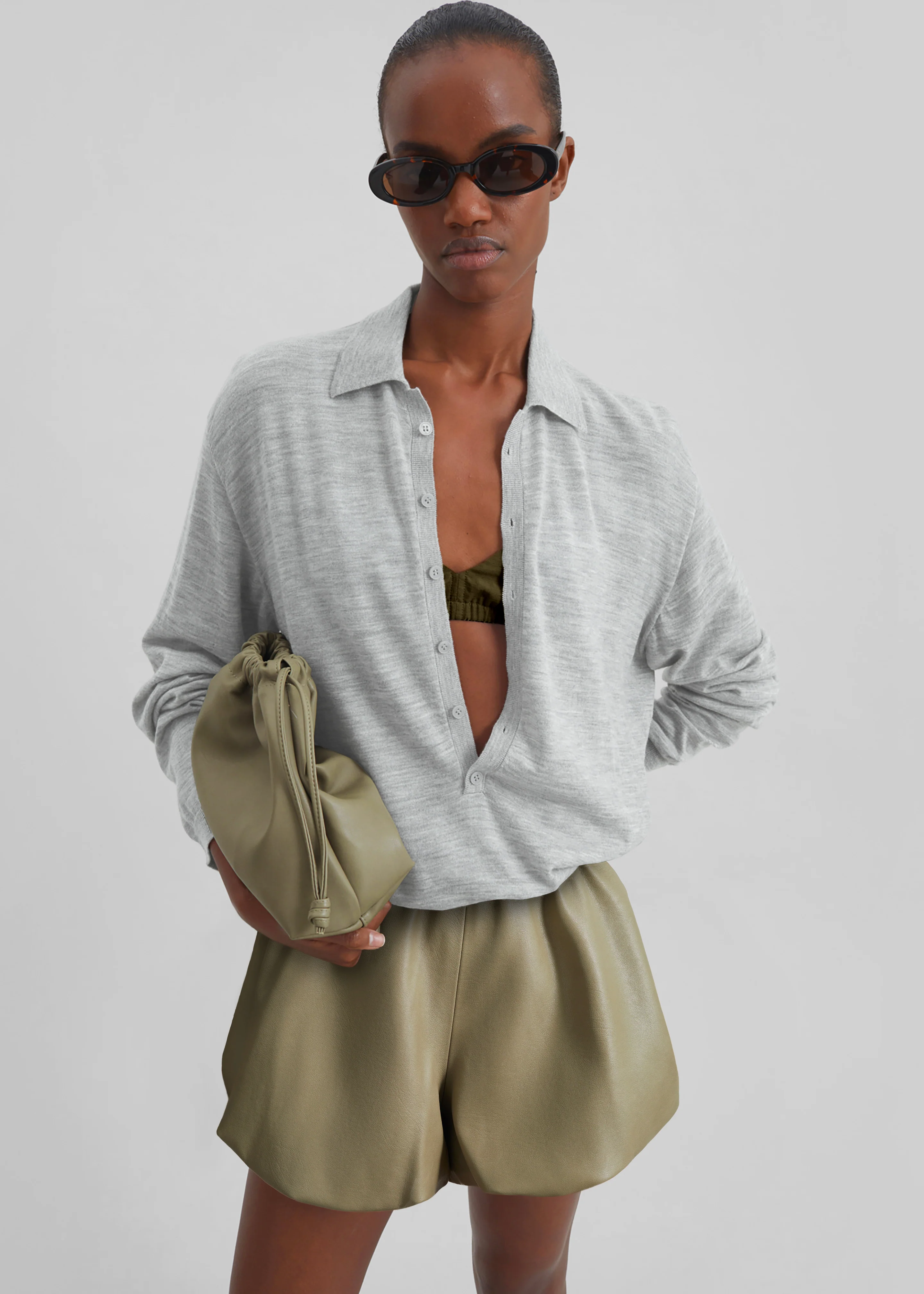 Alina Faux Leather Bubble Hem Shorts - Sage - Image 3