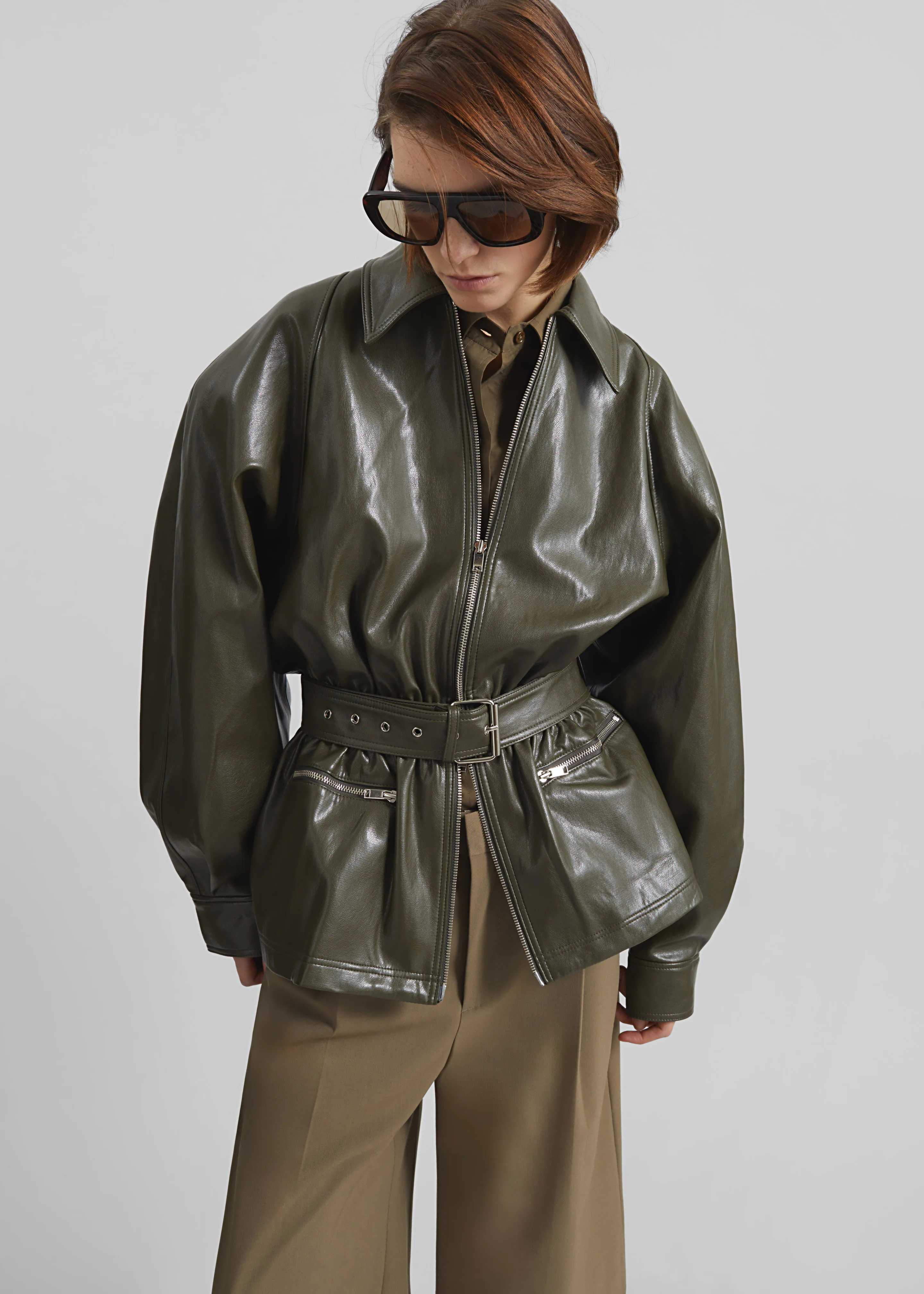 Annette Faux Leather Peplum Jacket - Olive