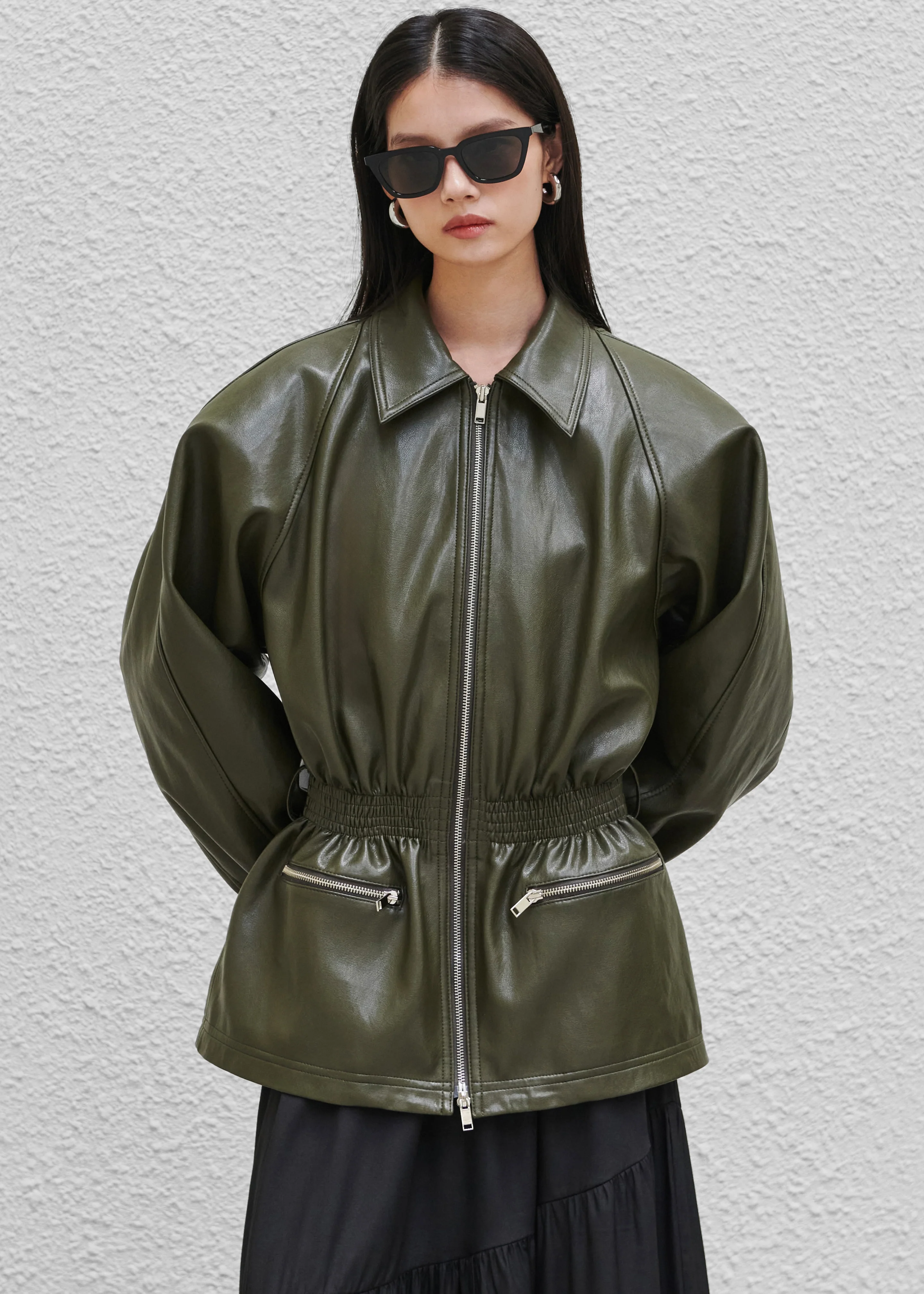 Annette Faux Leather Peplum Jacket - Olive - Image 6