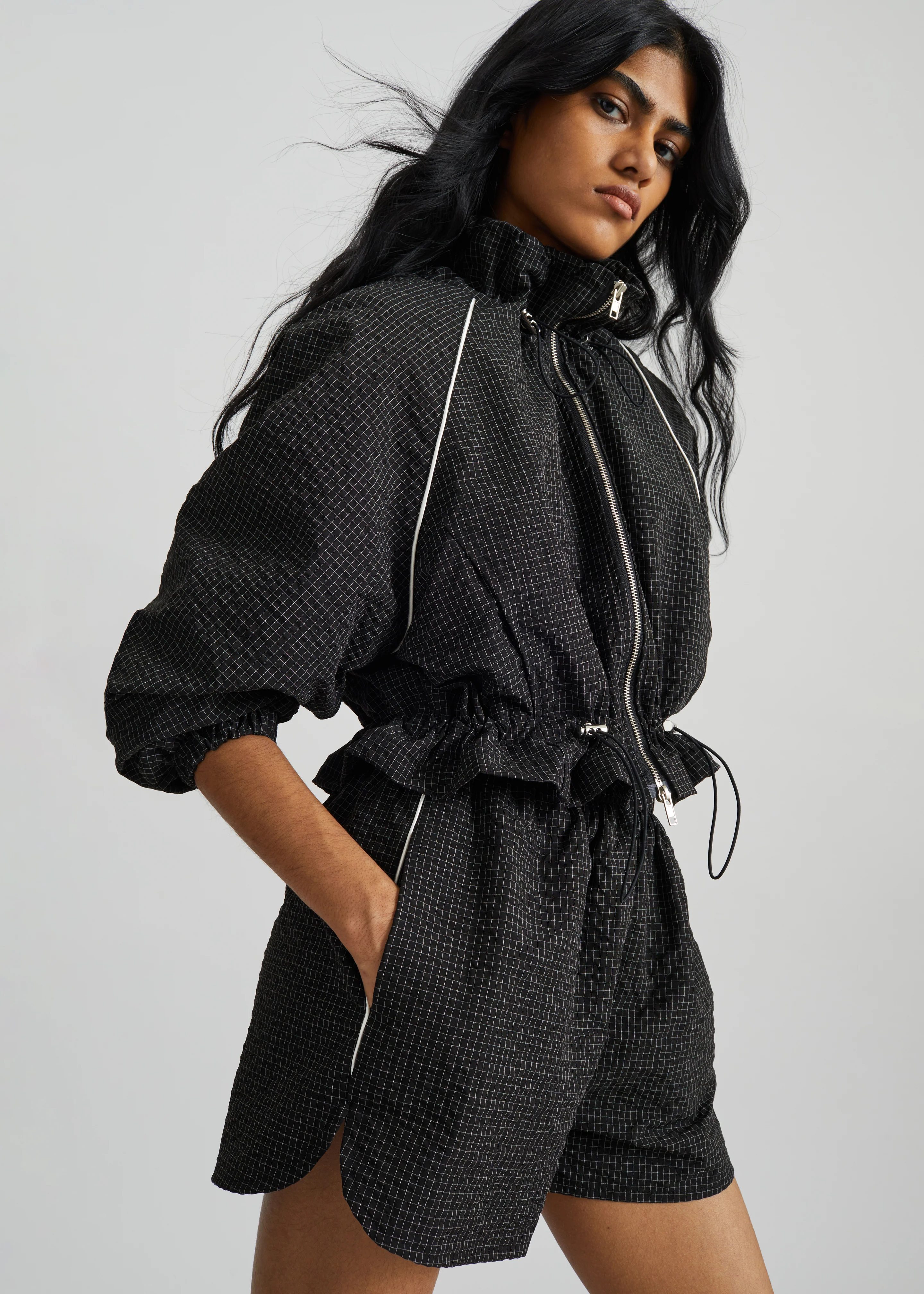Arizona Seersucker Drawstring Track Jacket - Checked Black - Image 4