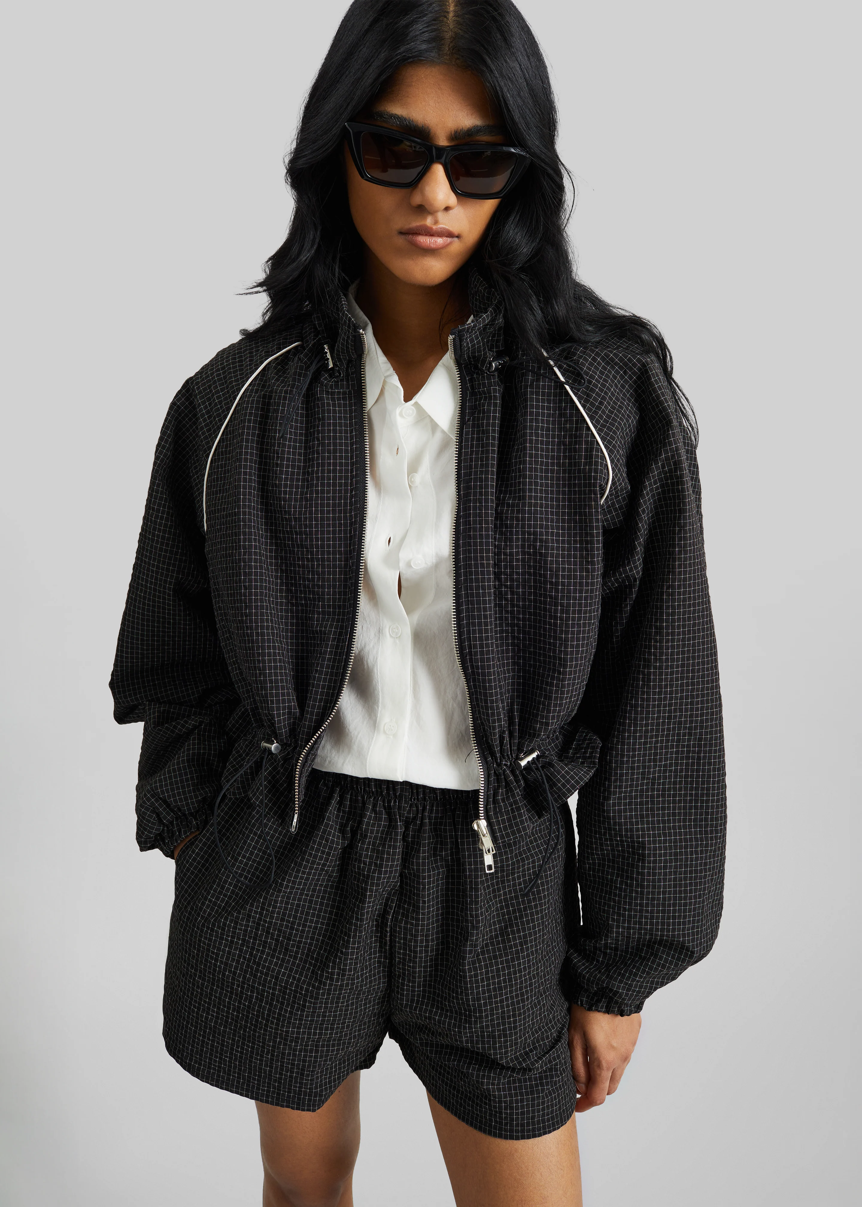 Arizona Seersucker Drawstring Track Jacket - Checked Black - Image 6