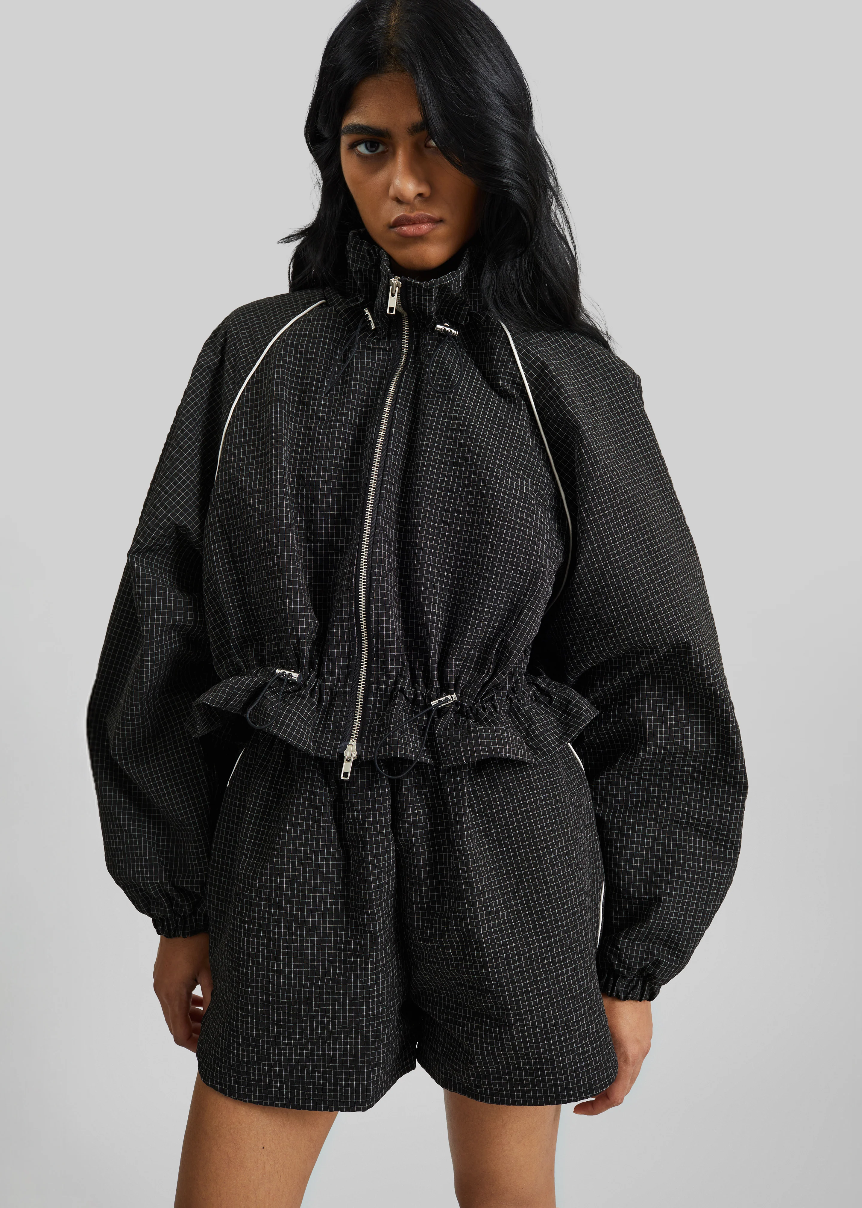Arizona Seersucker Drawstring Track Jacket - Checked Black - Image 9