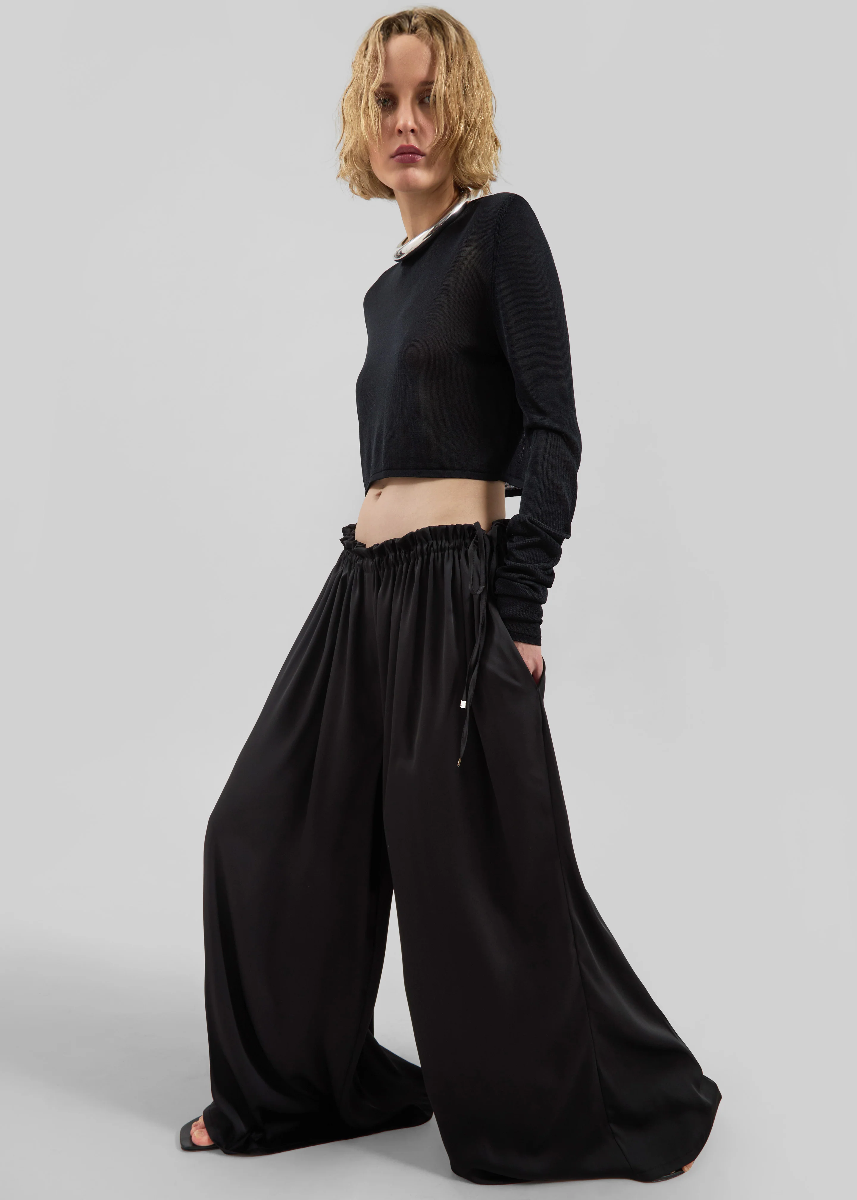 Arleth Satin Sheer Drawstring Pants - Black - Image 3