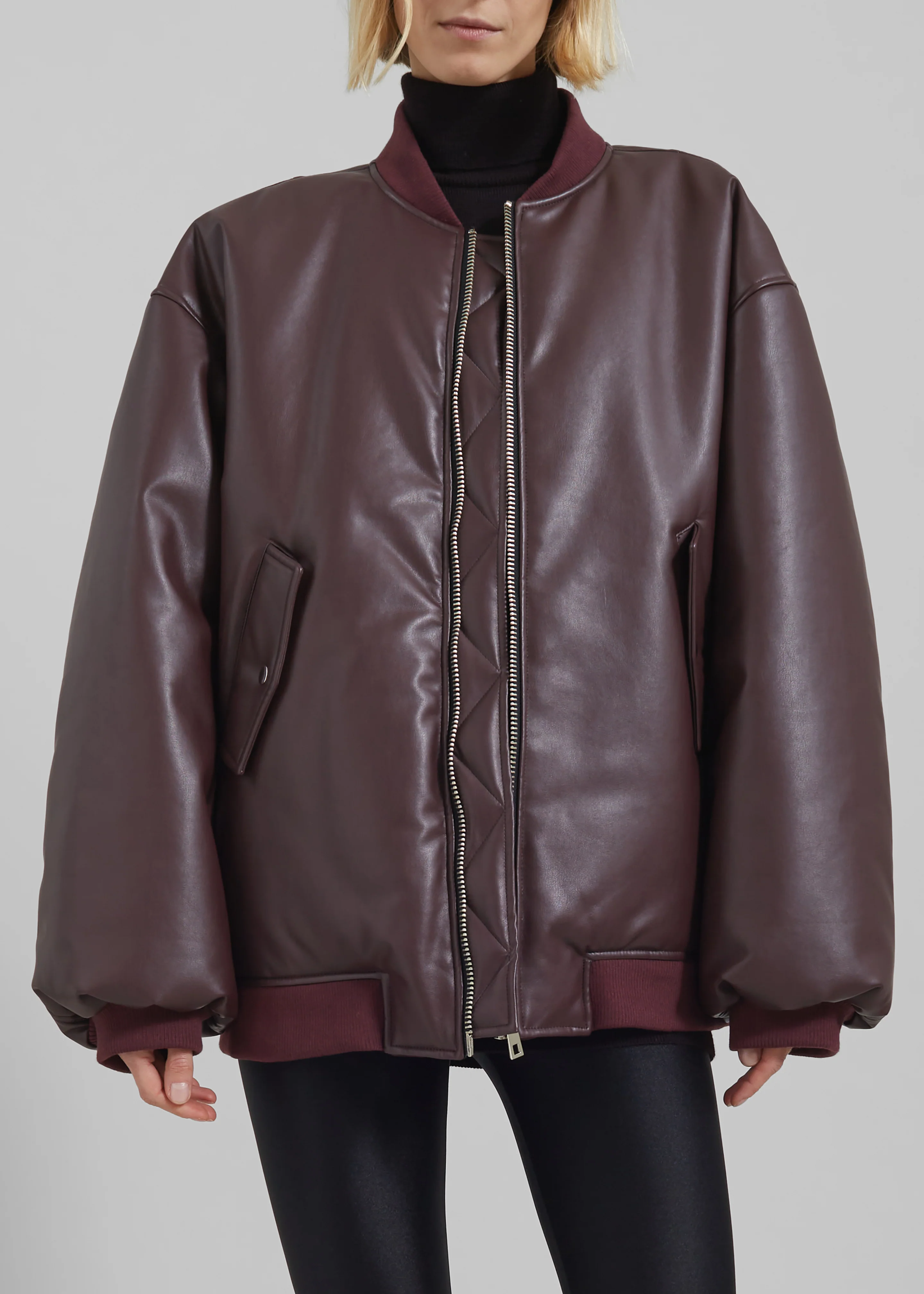 Astra Faux Leather Bomber Jacket - Burgundy - Image 4