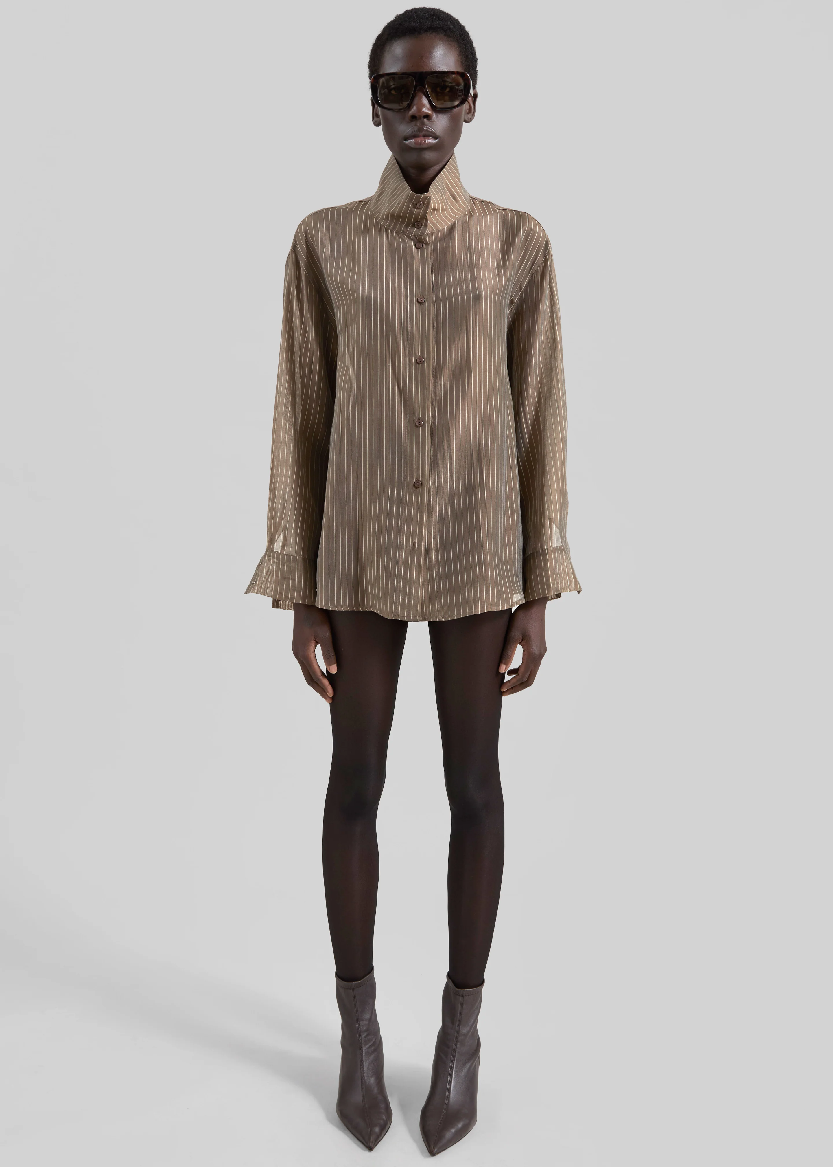 Avila Sheer Fluid Shirt - Brown/White Stripe - Image 4