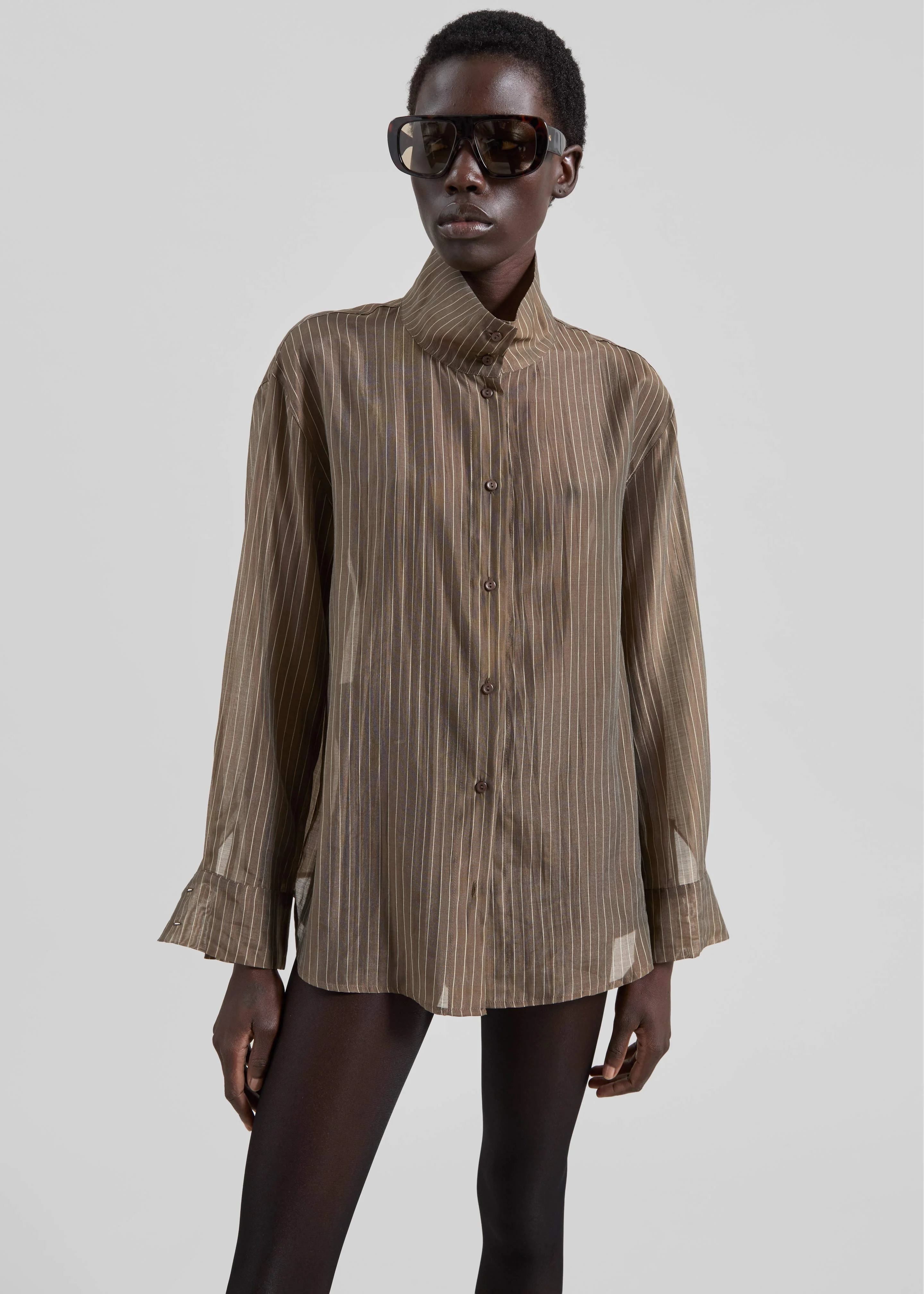 Avila Sheer Fluid Shirt - Brown/White Stripe - Image 5