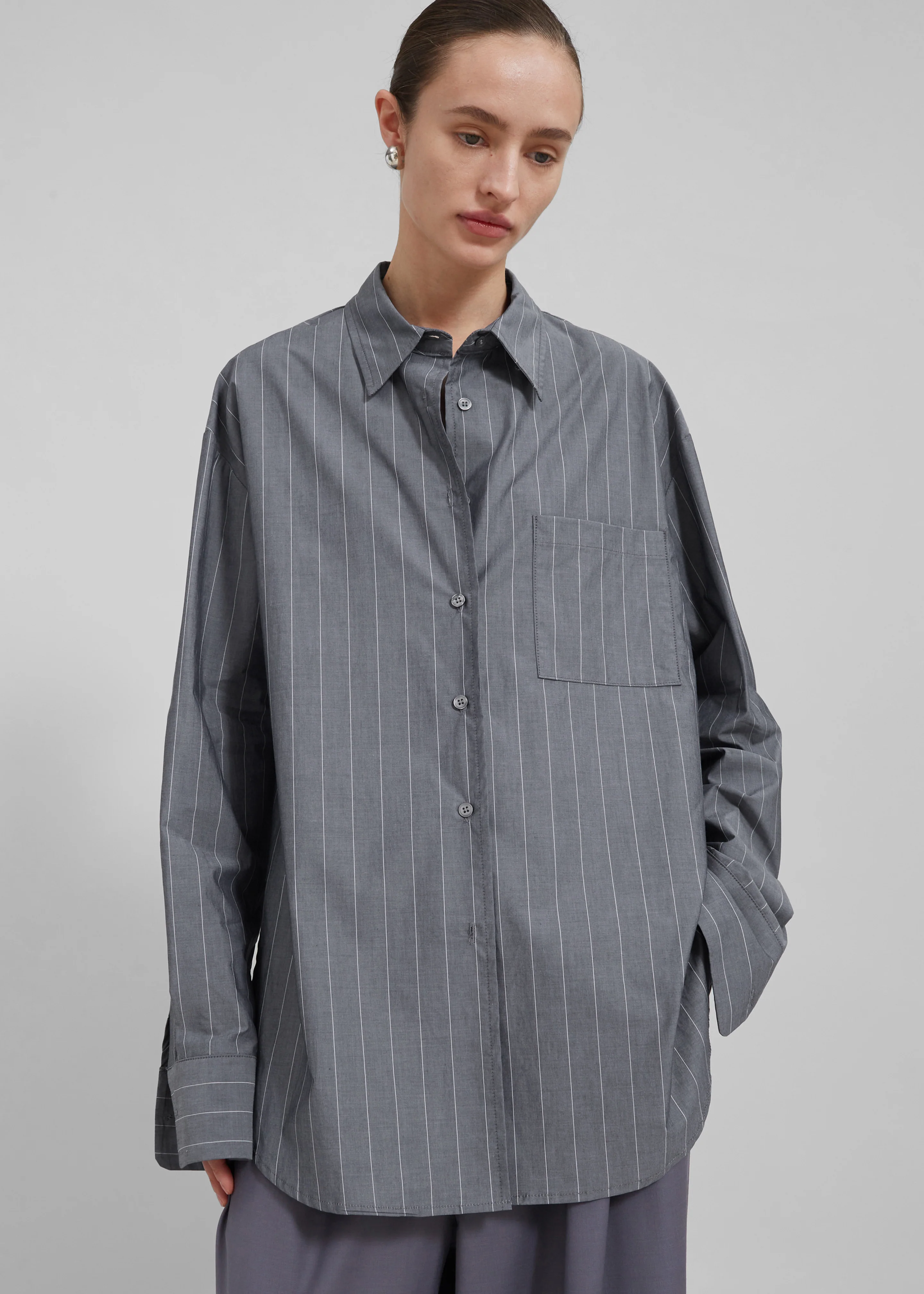 Beatrix Button Up Shirt - Grey/White Pinstripe - Image 5