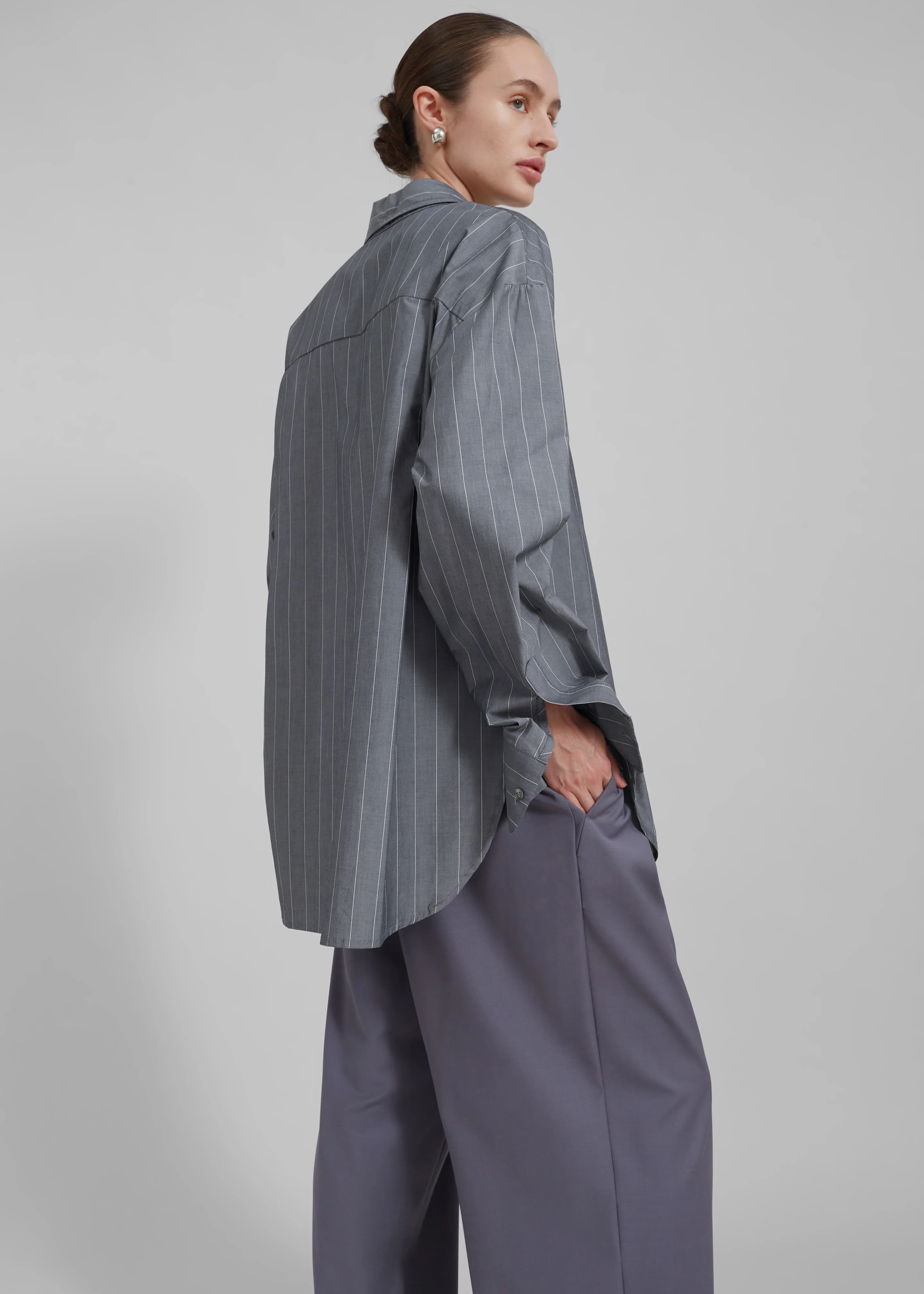 Beatrix Button Up Shirt - Grey/White Pinstripe - Image 9