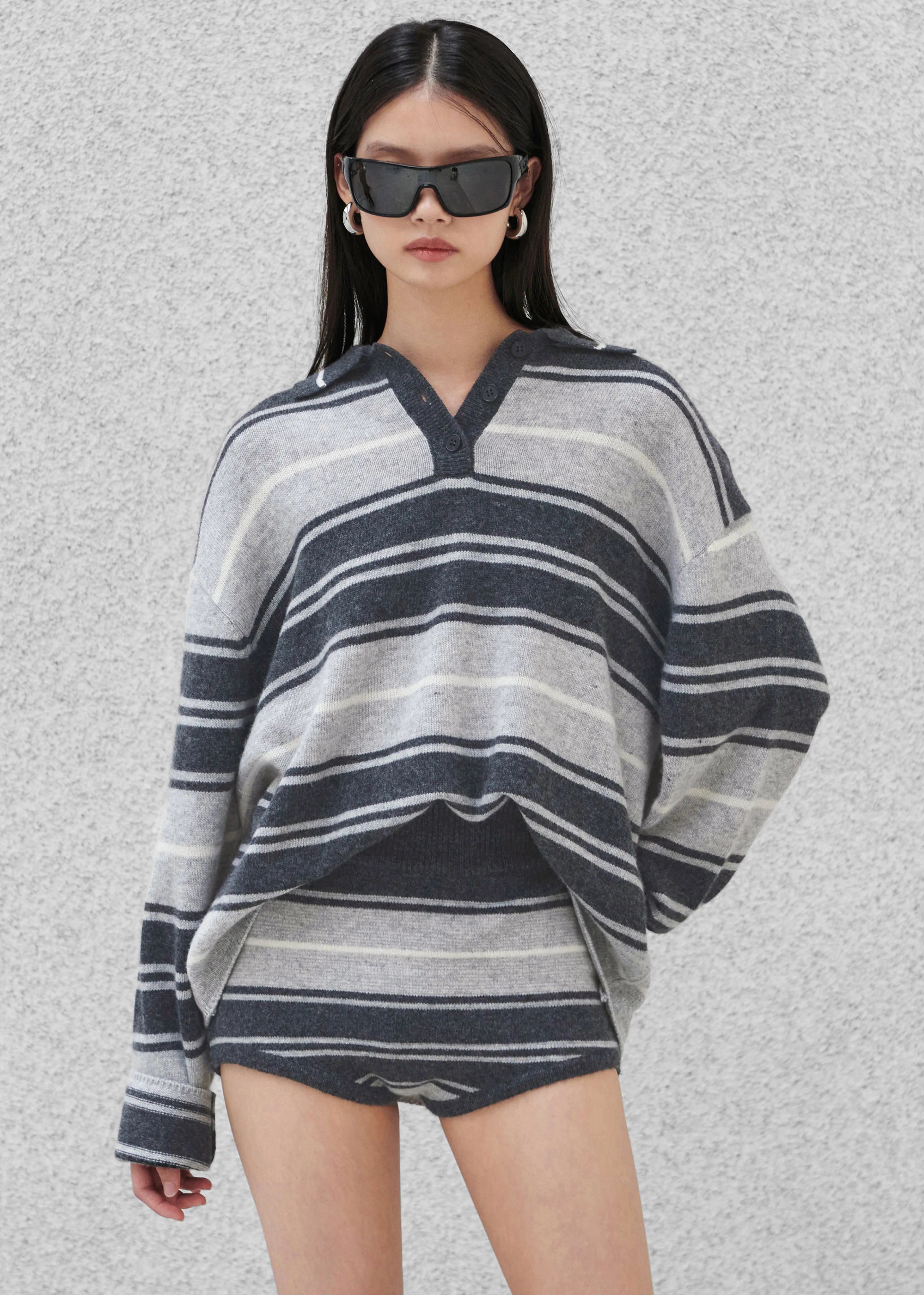 Belize Knit Polo Sweater - Grey Stripe - Image 7