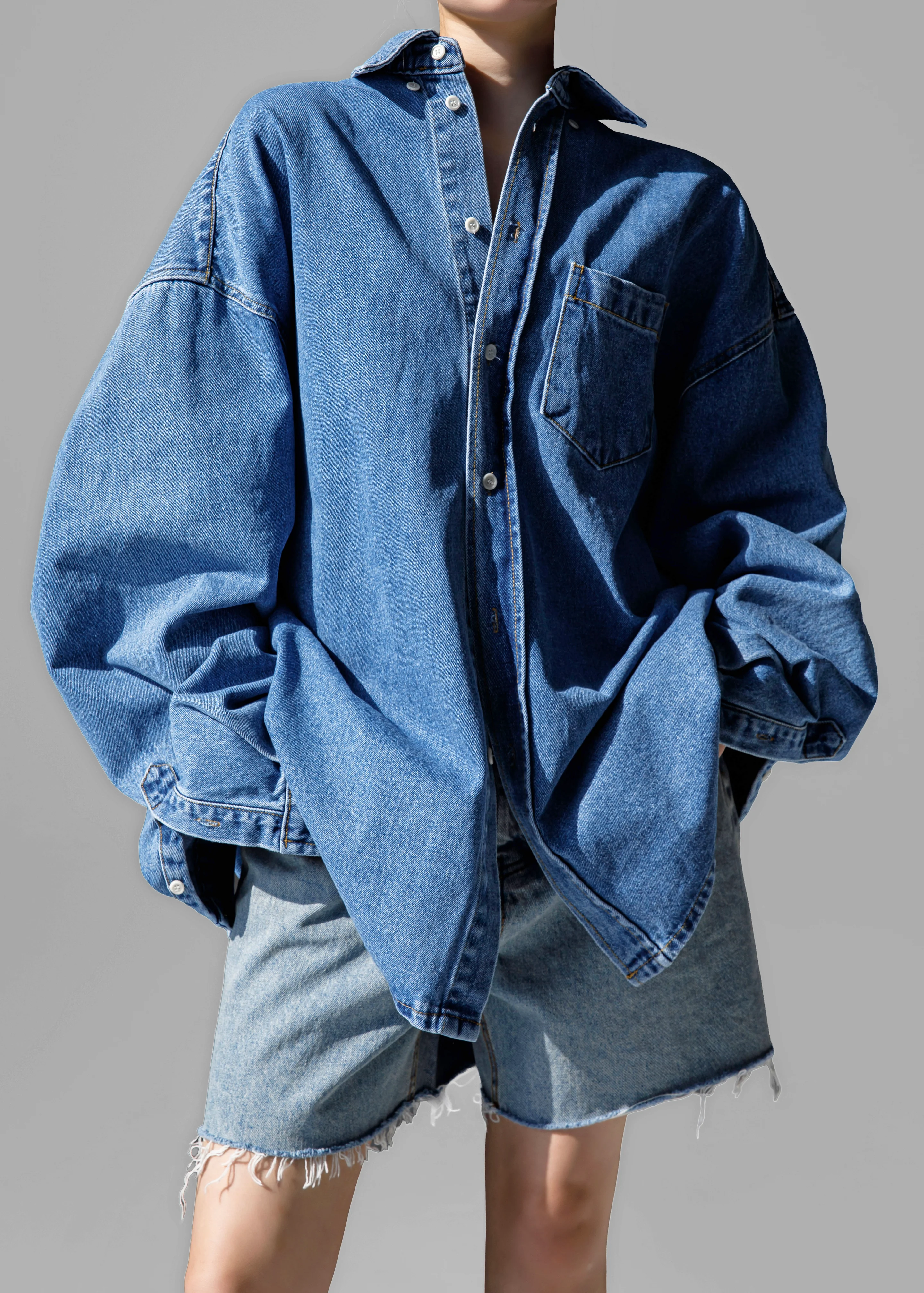 Belvis Oversized Denim Shirt - Medium Wash - Image 5