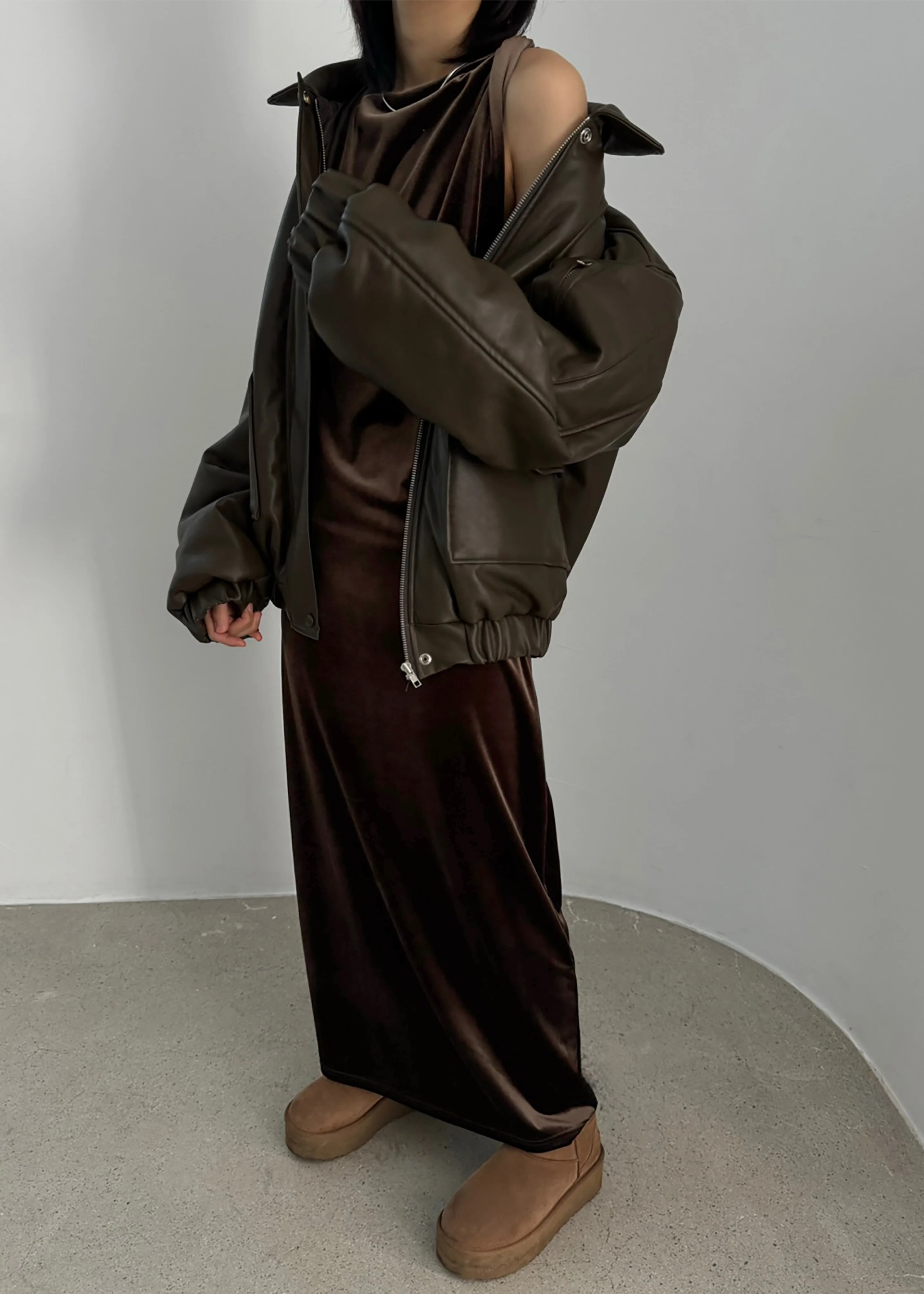 Blane Faux Leather Padded Bomber Jacket - Khaki Brown - Image 5
