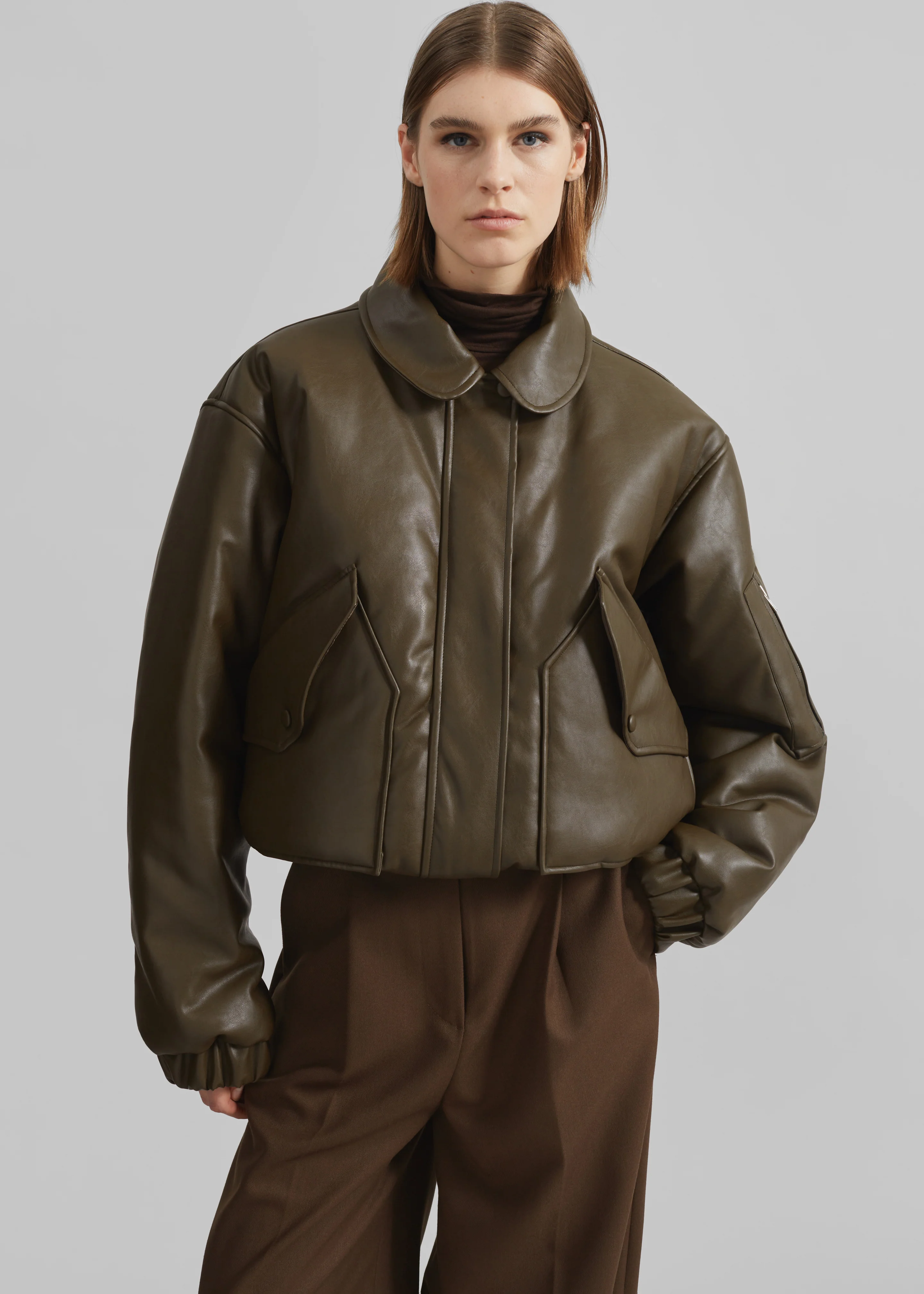 Blane Faux Leather Padded Bomber Jacket - Khaki Brown - Image 8