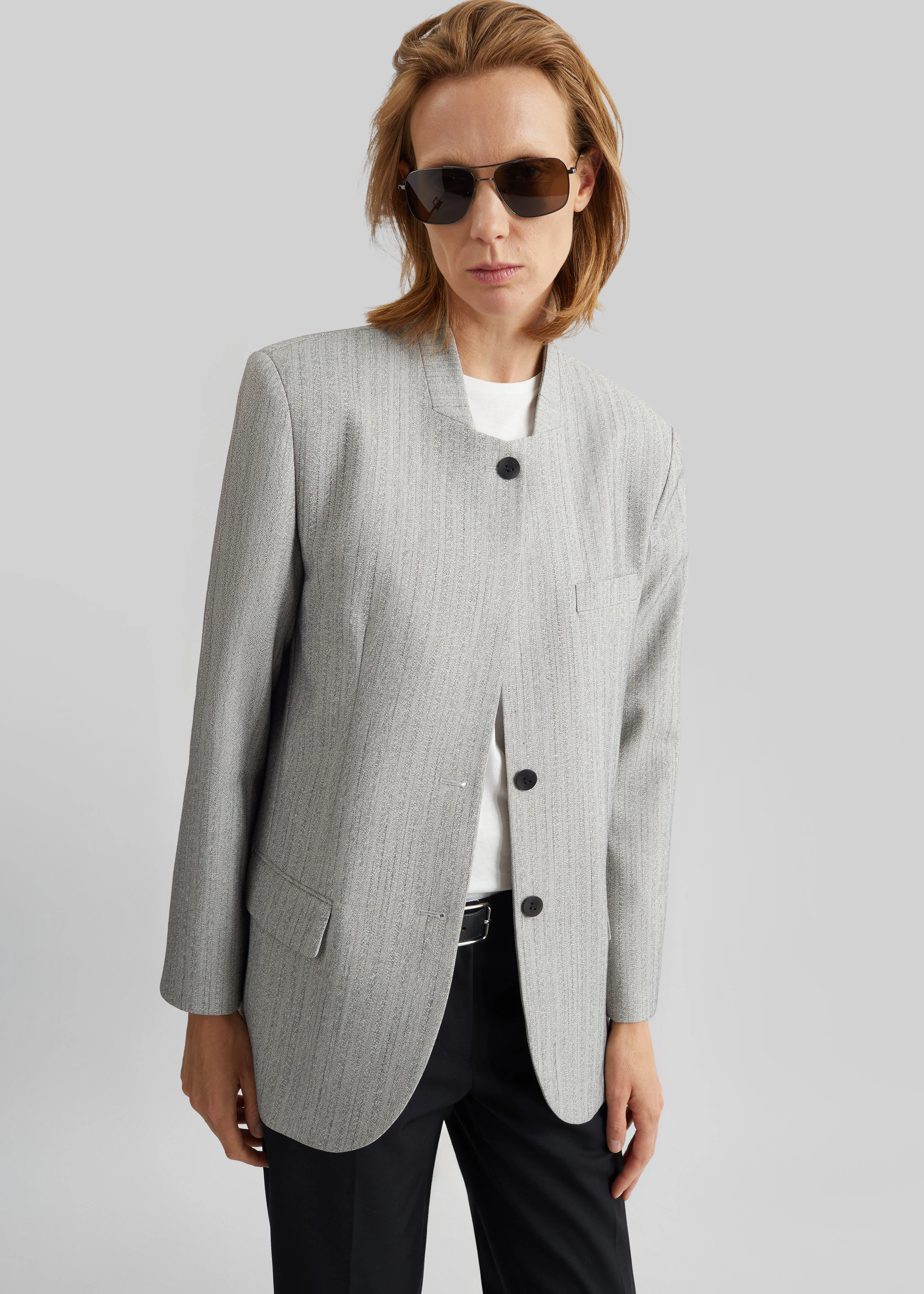 Breux Collarless Padded Blazer - Grey Melange - Image 2