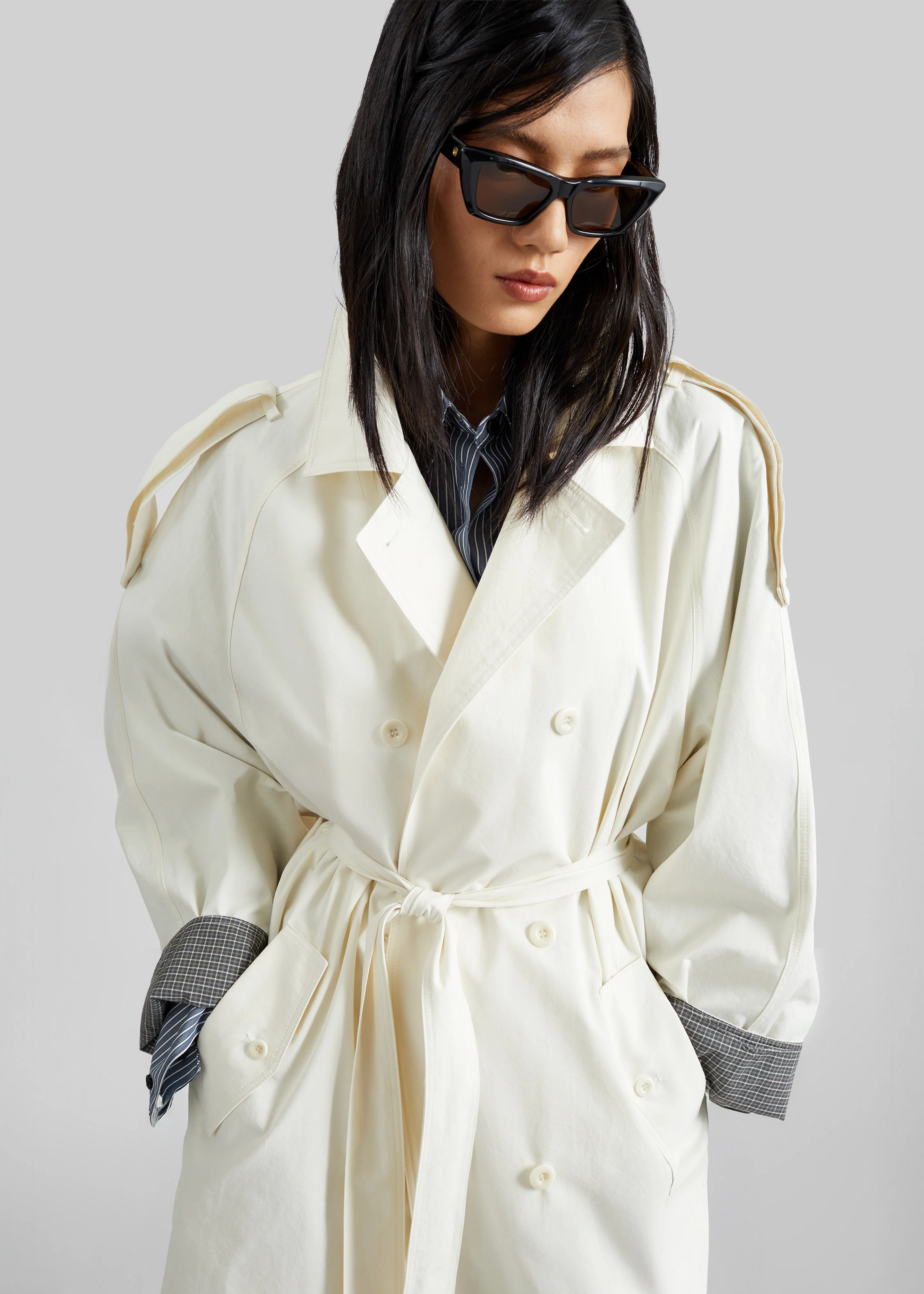 Brion Contrast Cuff Trench Coat - Cream - Image 2