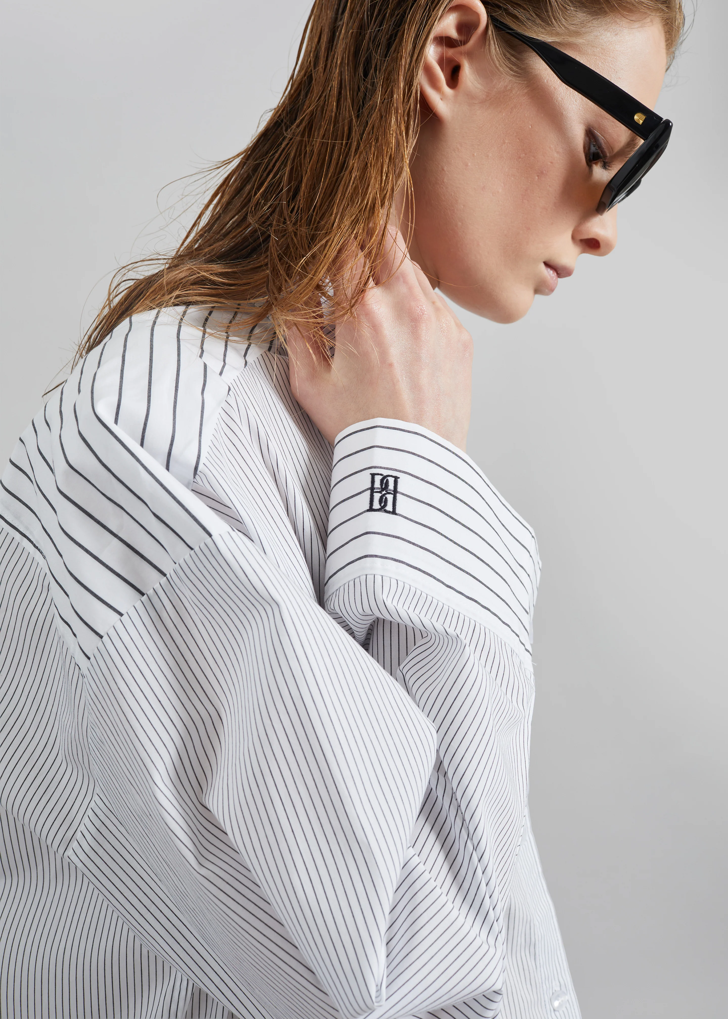 By Malene Birger Derris Shirt - White/Black Mix Stripe - Image 4