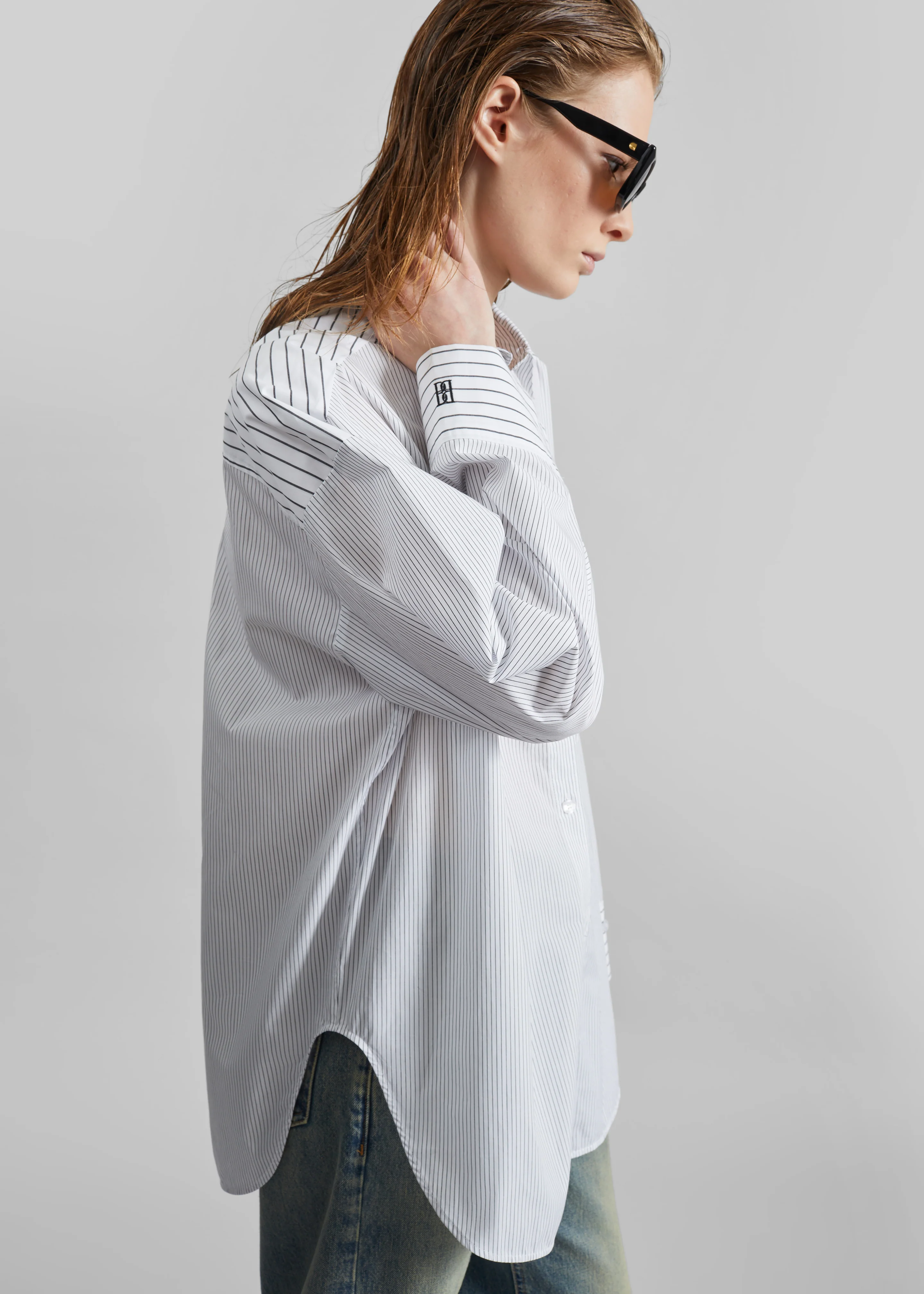By Malene Birger Derris Shirt - White/Black Mix Stripe - Image 6