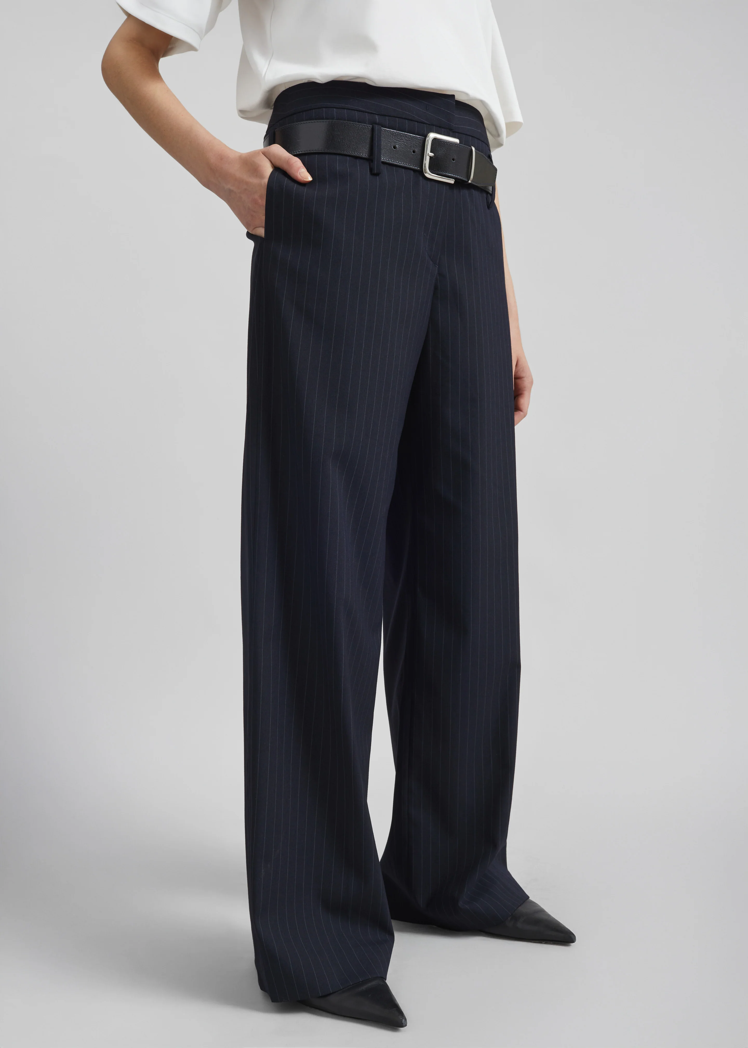 Camlez Low Belt Loop Trousers - Navy Pinstripe - Image 9