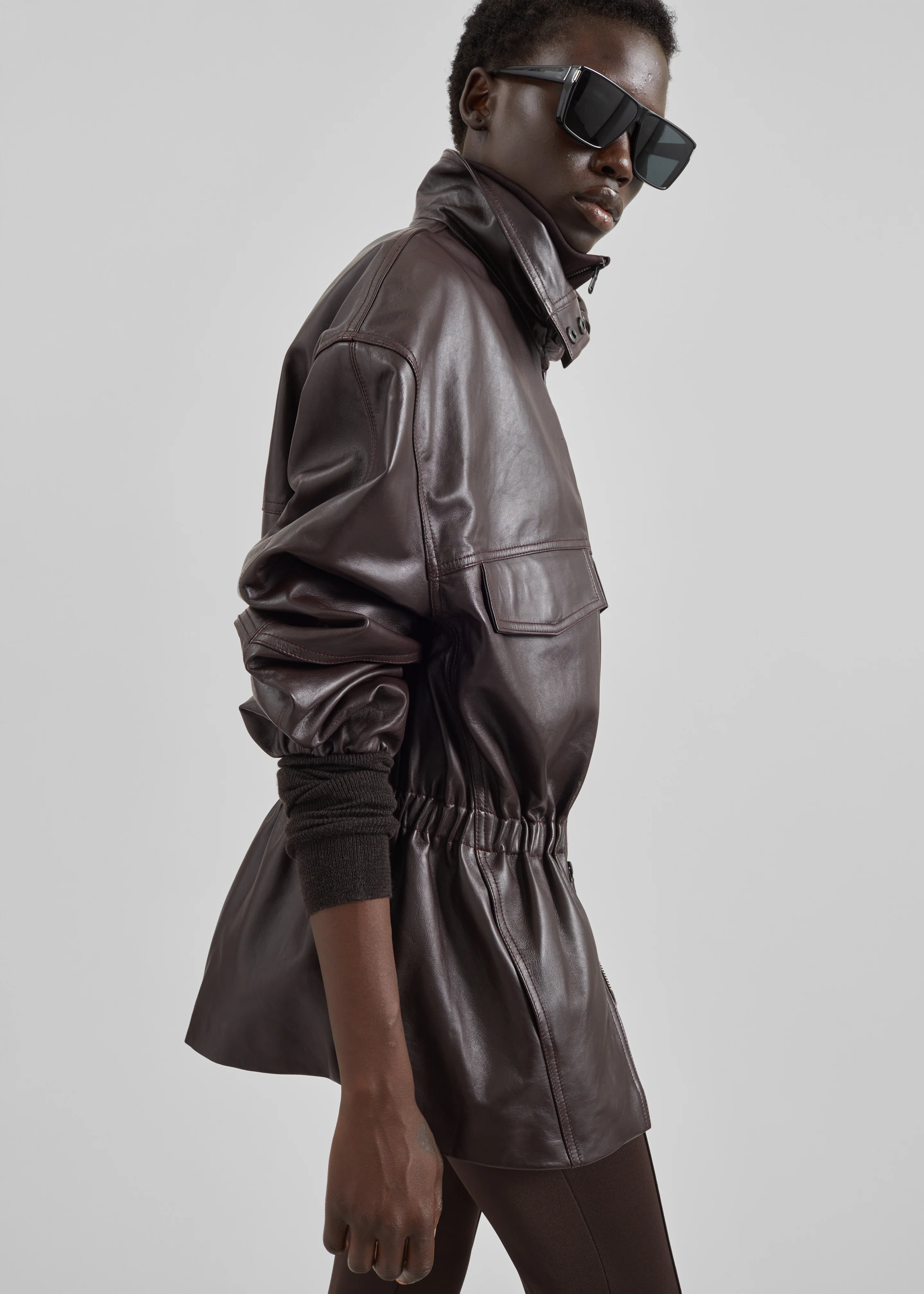 Carnaby Funnel Neck Leather Jacket - Dark Plum - Image 3