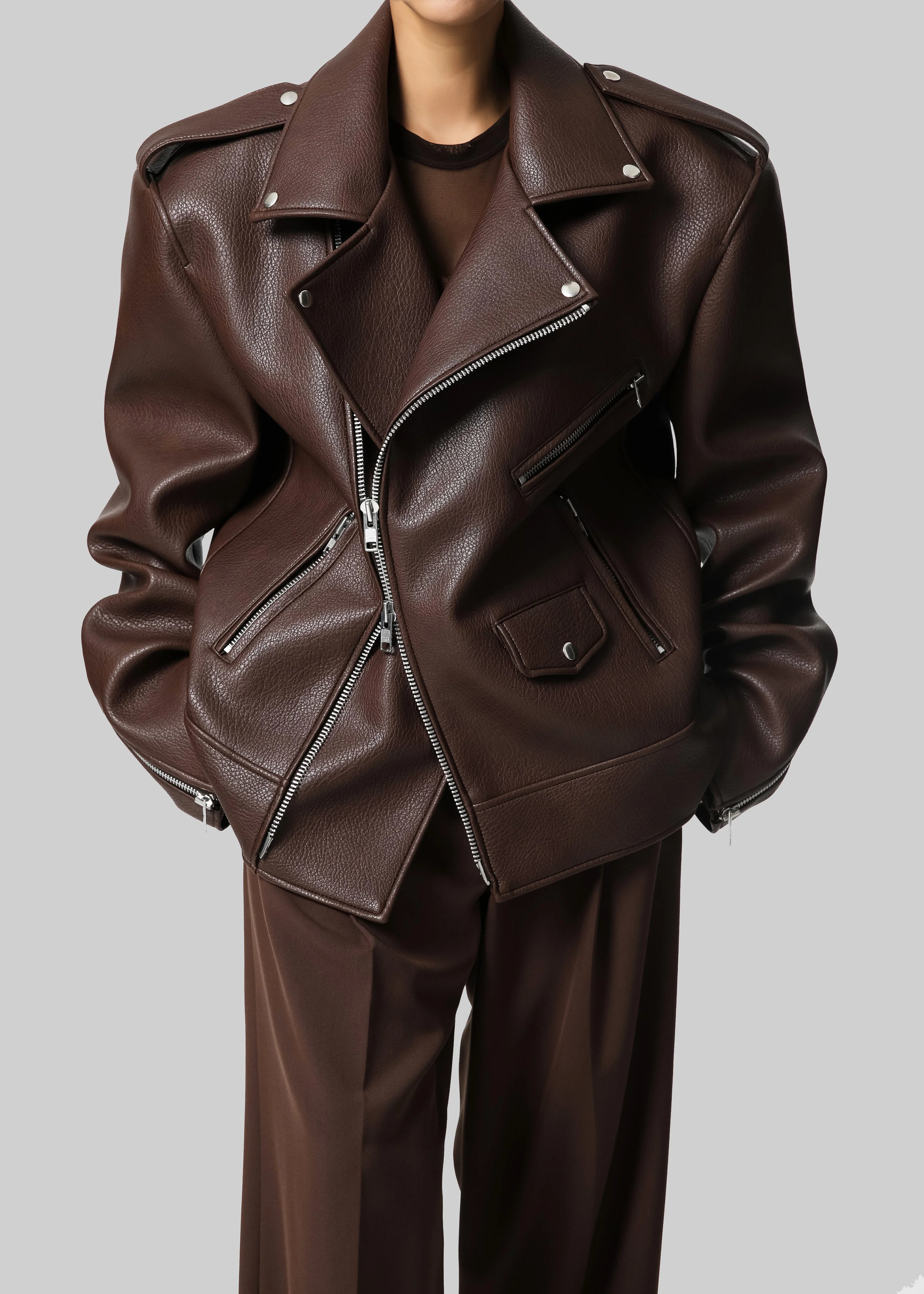 Chicago Oversized Biker Jacket - Brown - Image 6