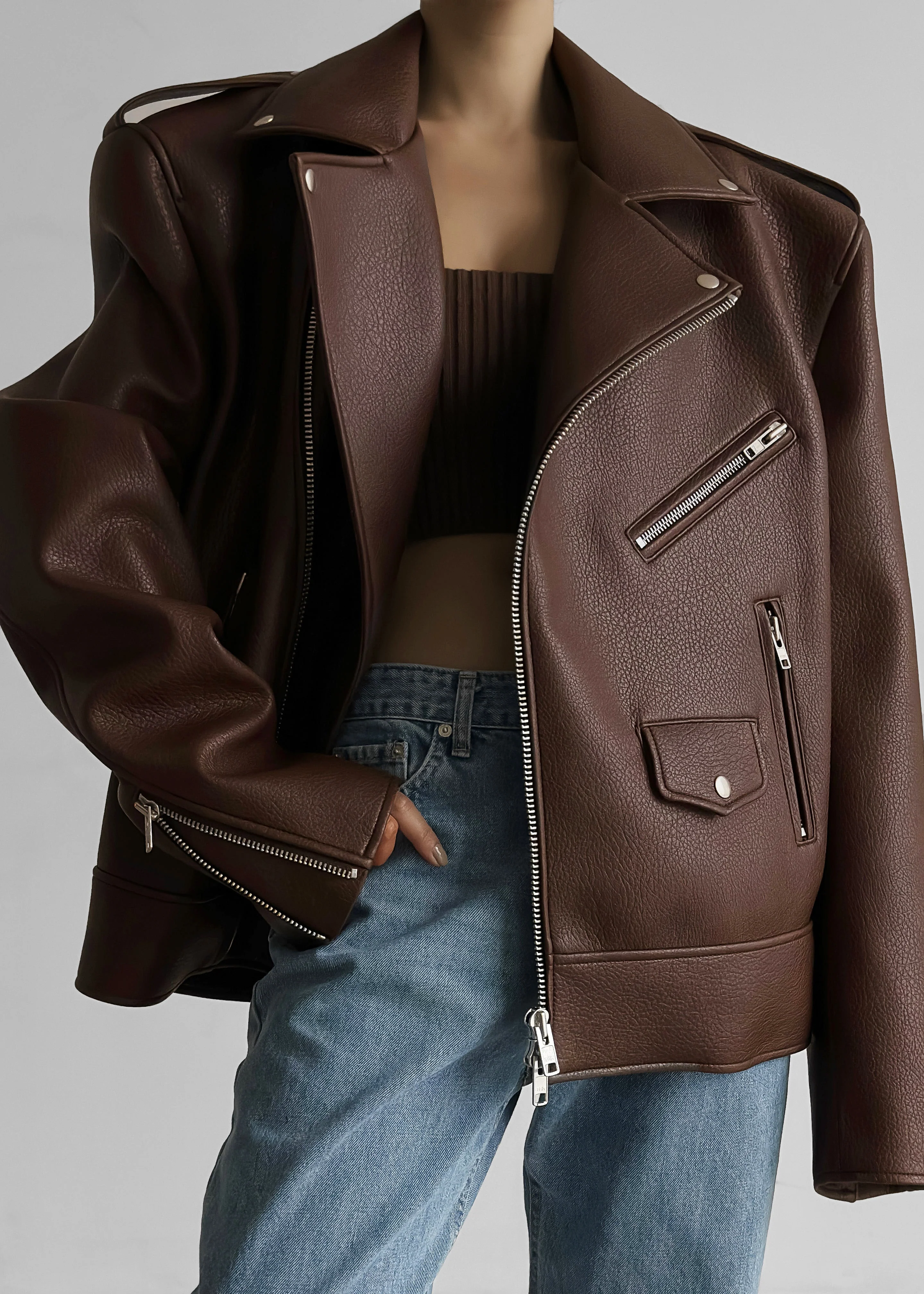 Chicago Oversized Biker Jacket - Brown - Image 8