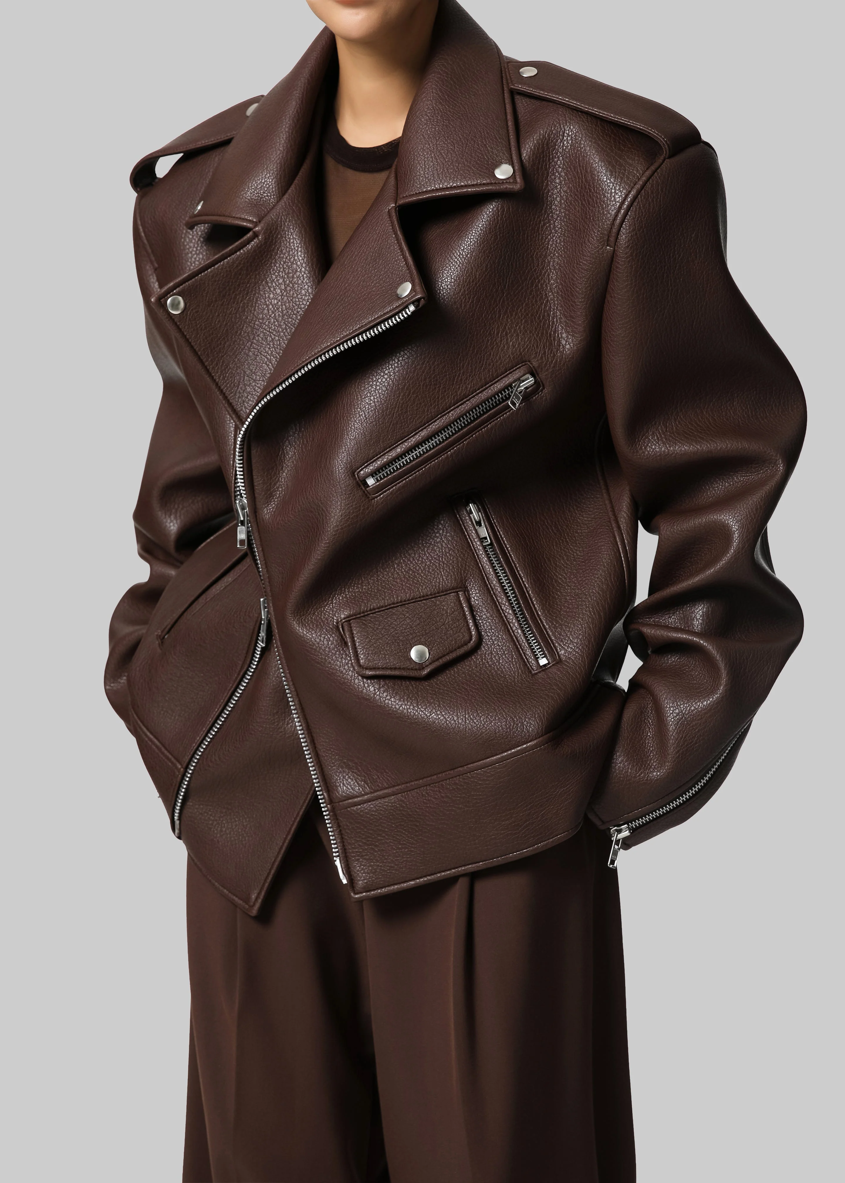 Chicago Oversized Biker Jacket - Brown - Image 9