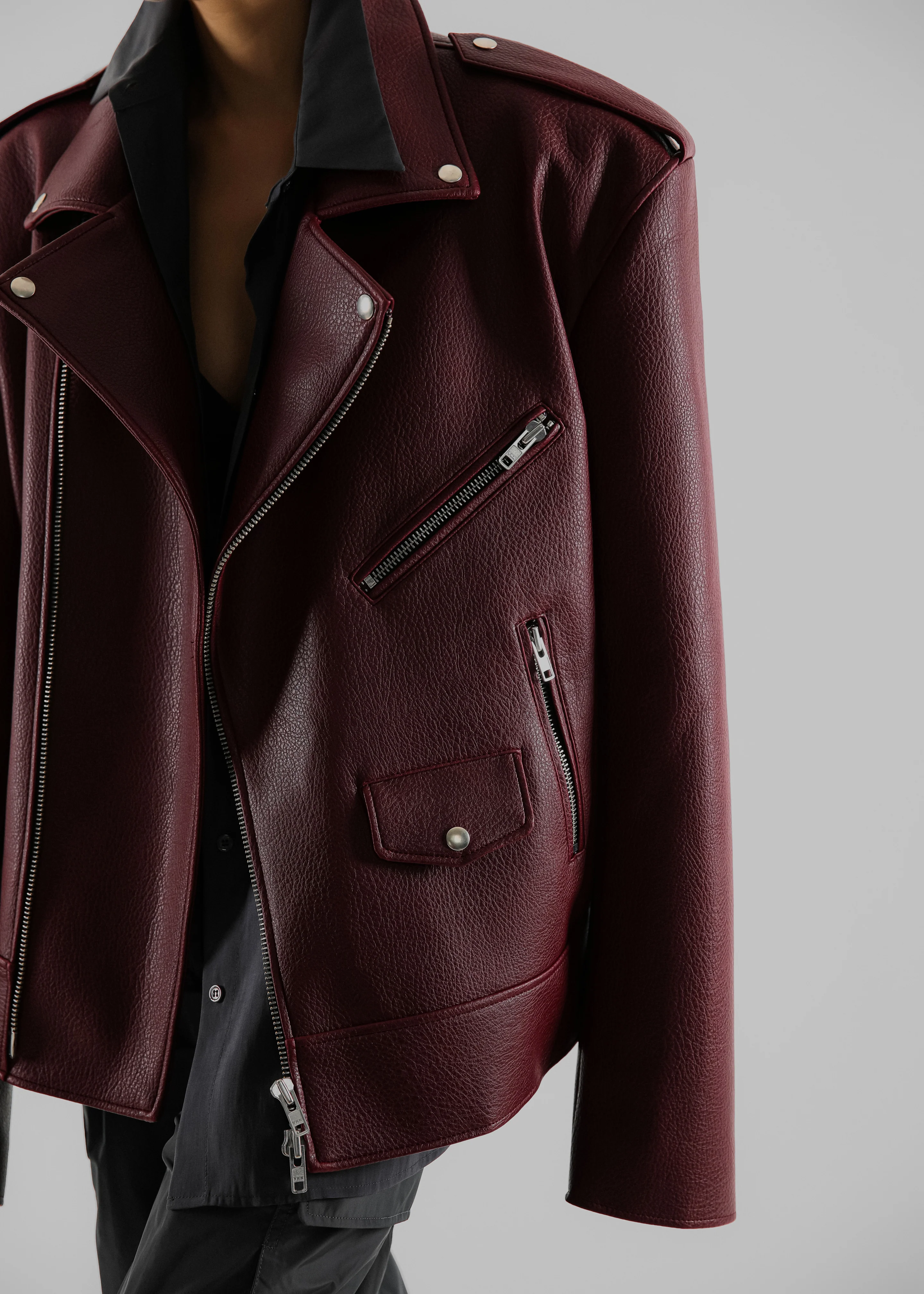 Chicago Oversized Biker Jacket - Burgundy - Image 2