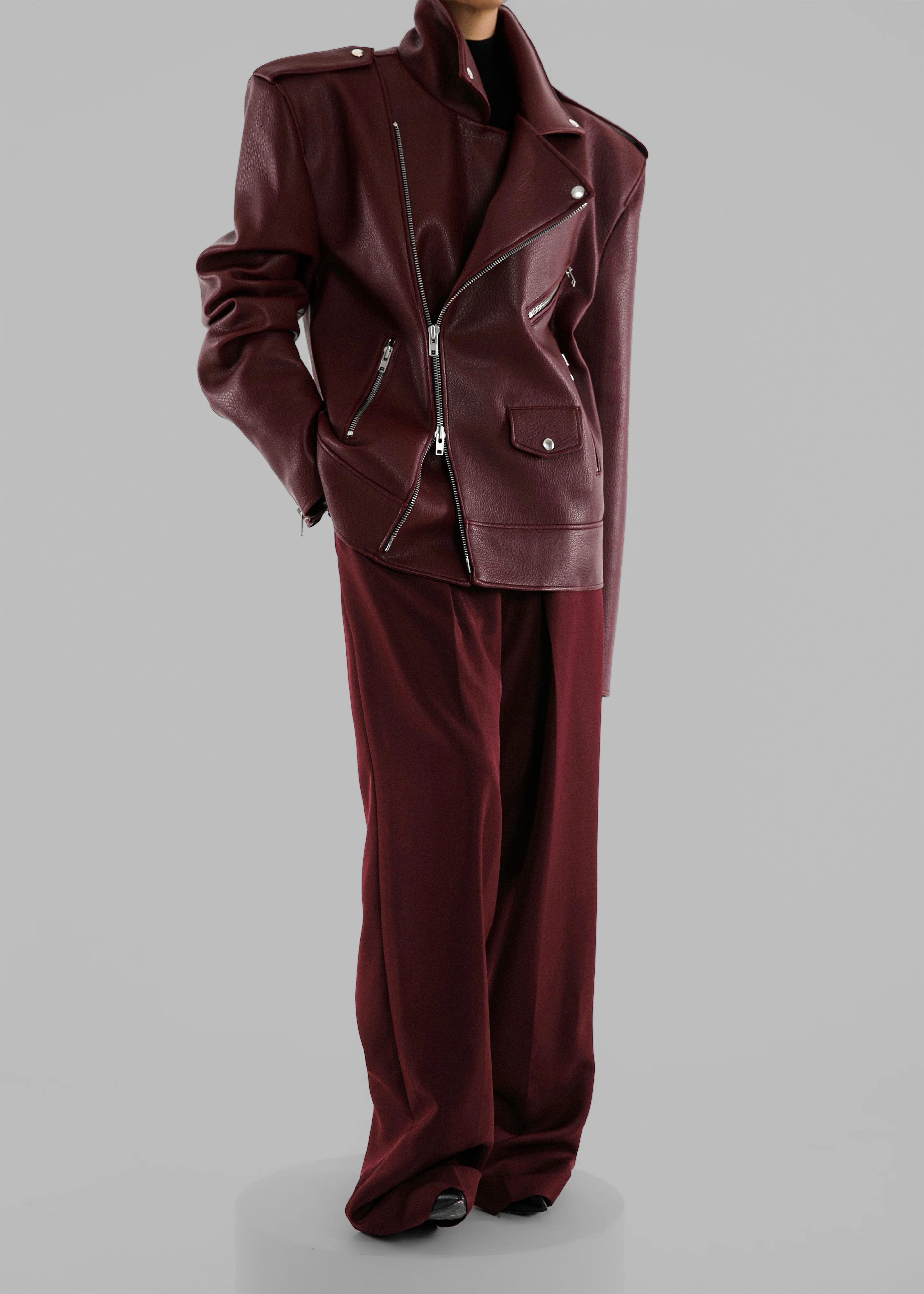 Chicago Oversized Biker Jacket - Burgundy - Image 3