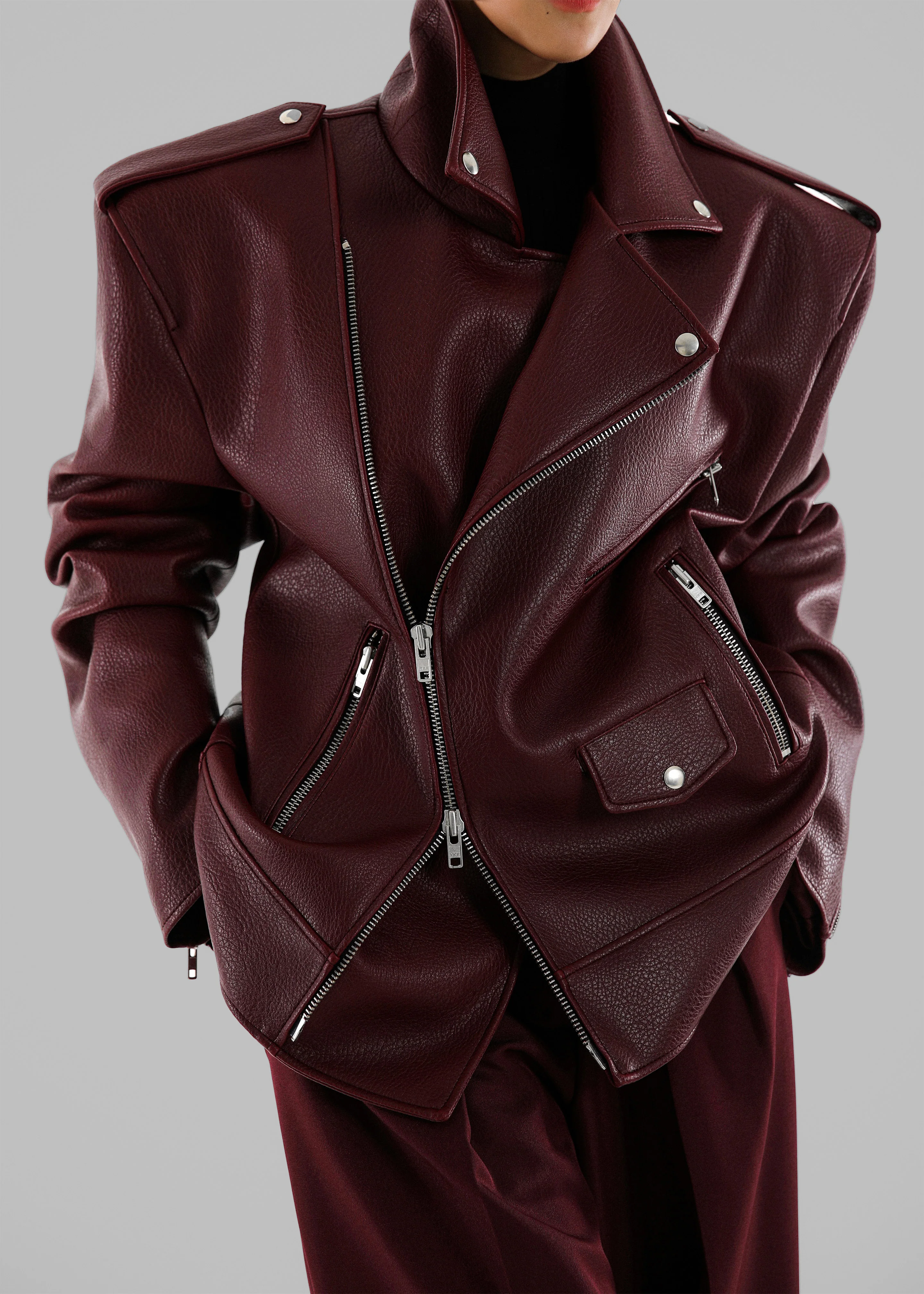 Chicago Oversized Biker Jacket - Burgundy - Image 9