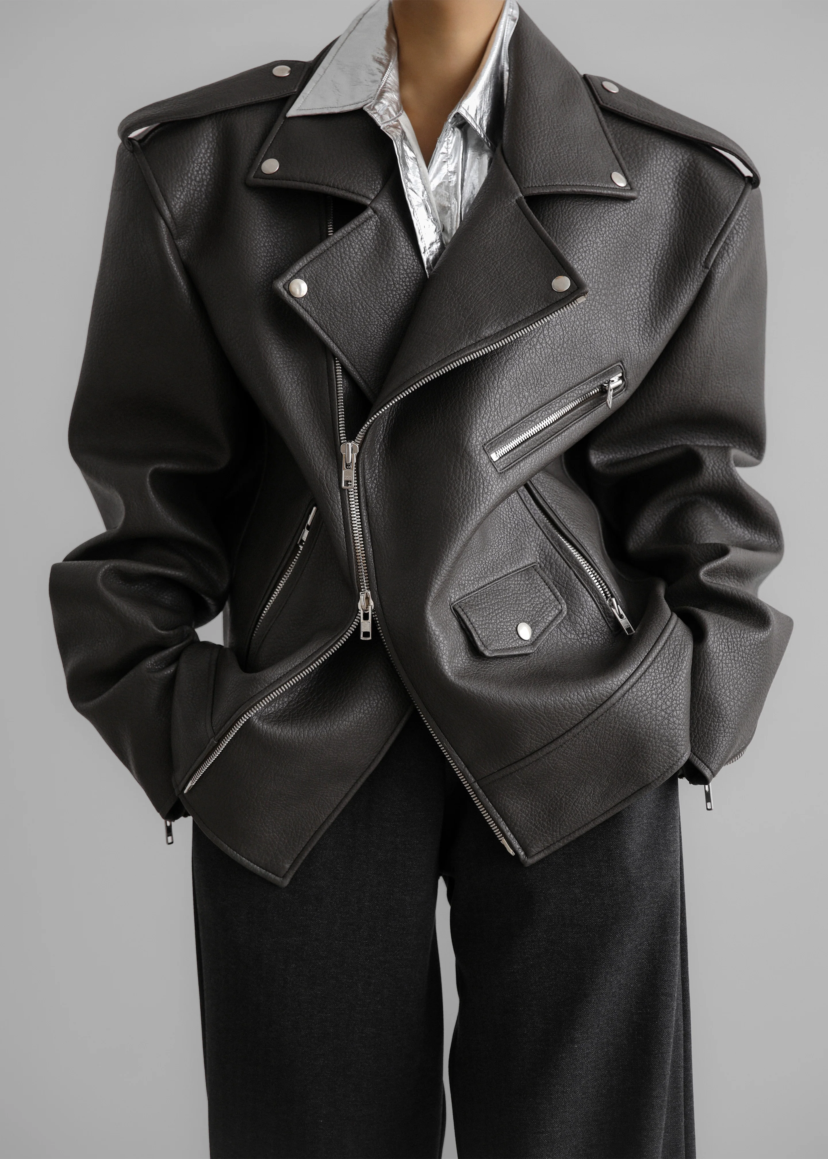 Chicago Oversized Biker Jacket - Charcoal - Image 3