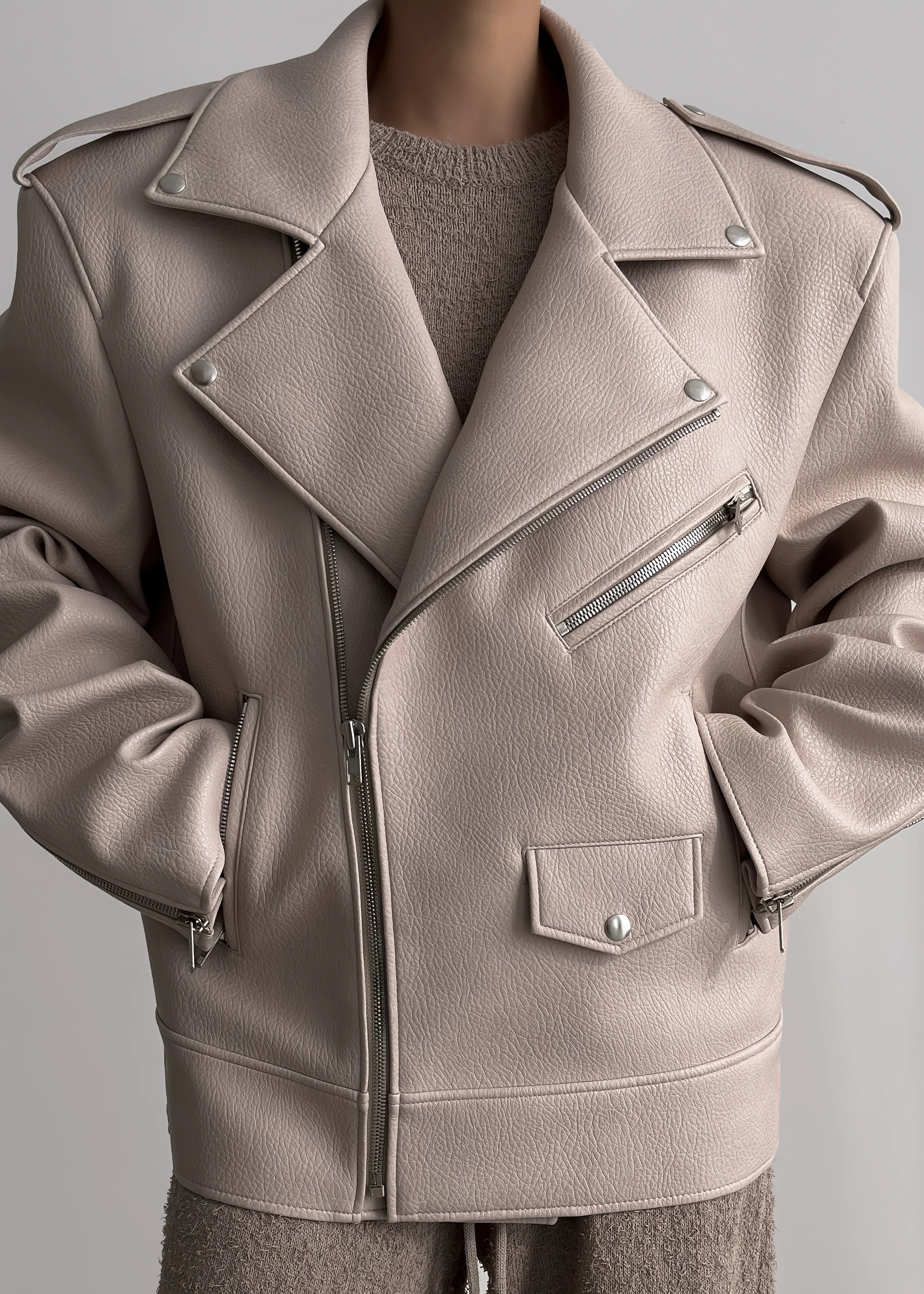 Chicago Oversized Biker Jacket - Cream - Image 12