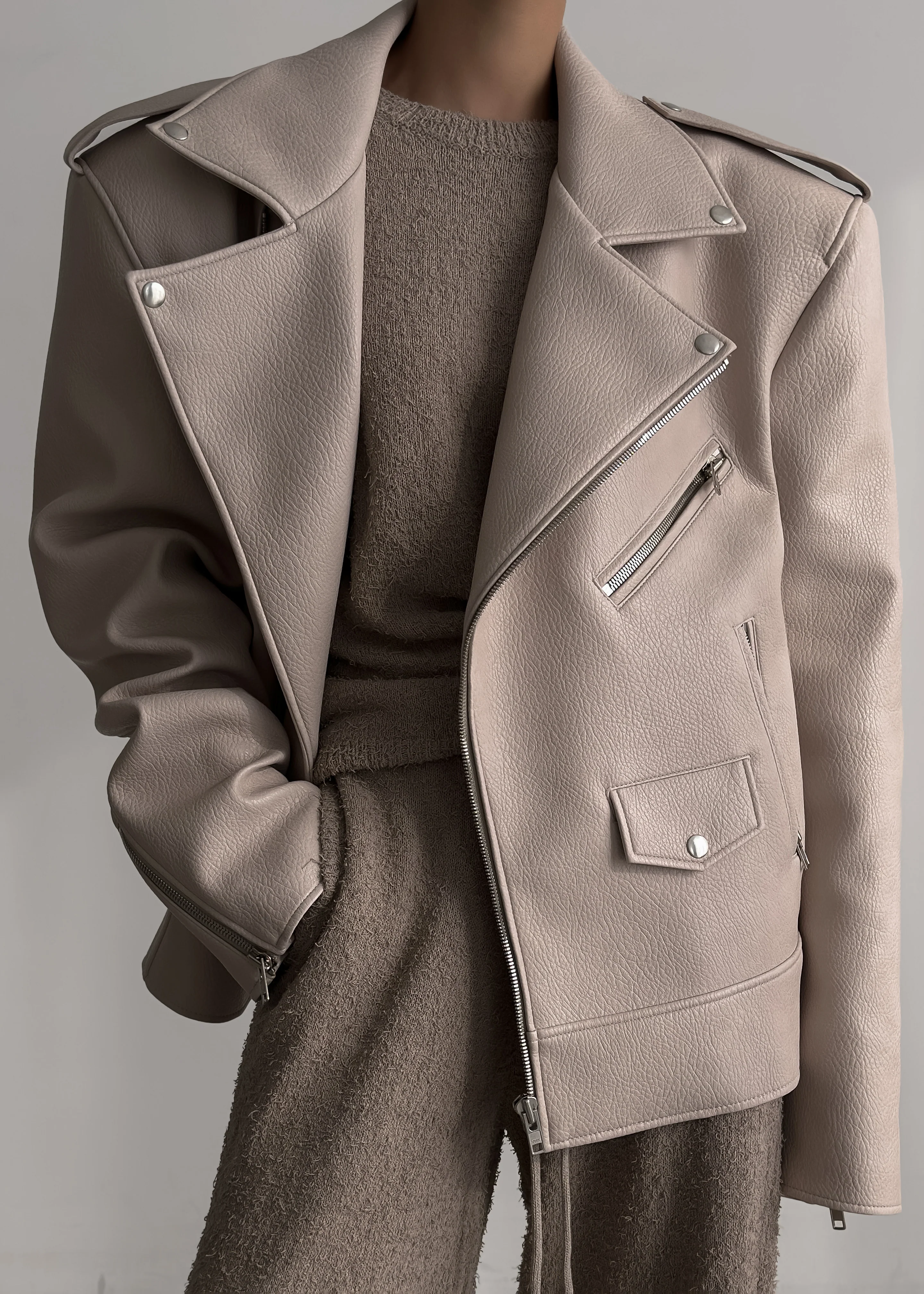 Chicago Oversized Biker Jacket - Cream - Image 4