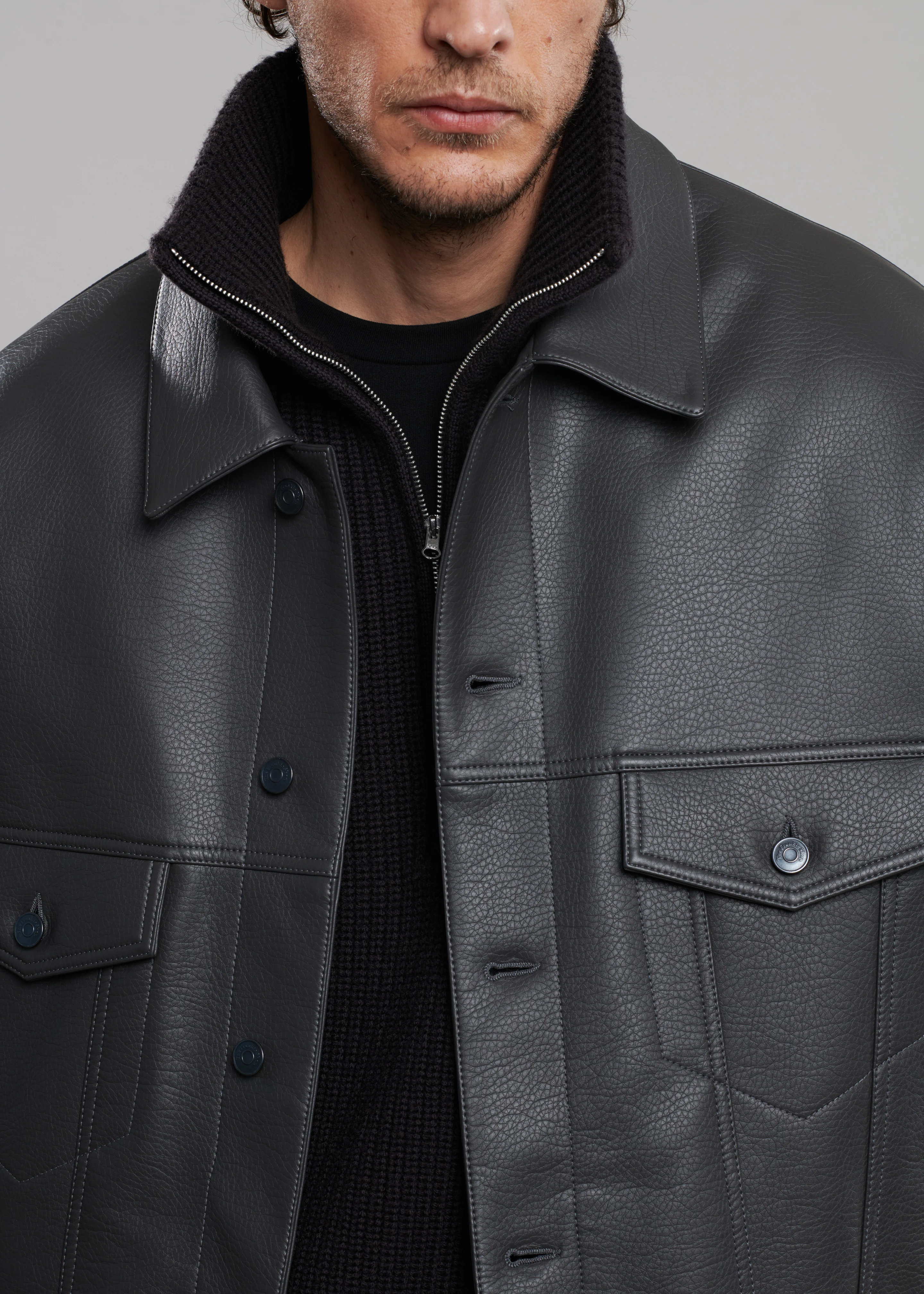 Conan Faux Leather Jacket - Dark Grey - Image 11