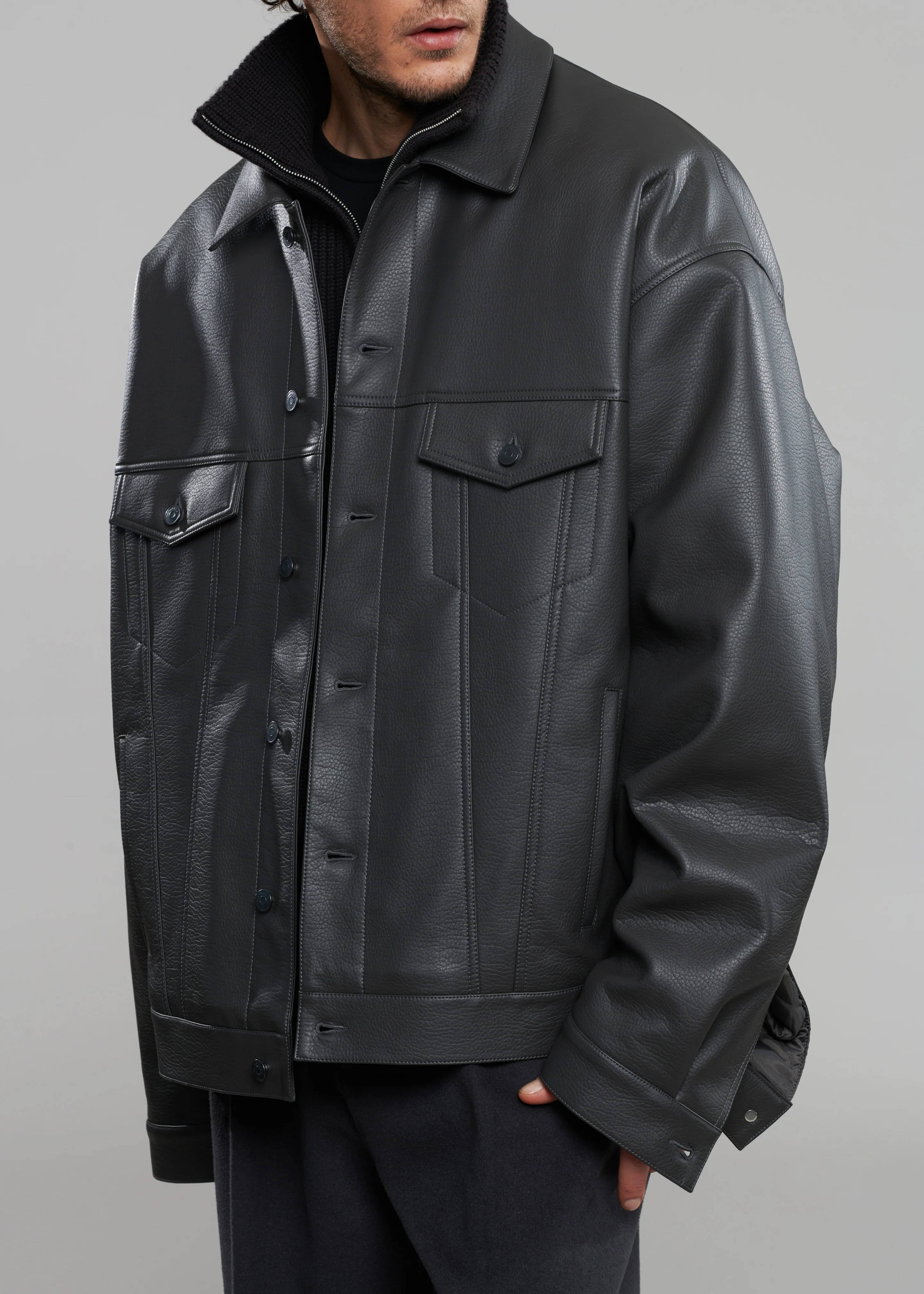 Conan Faux Leather Jacket - Dark Grey - Image 7