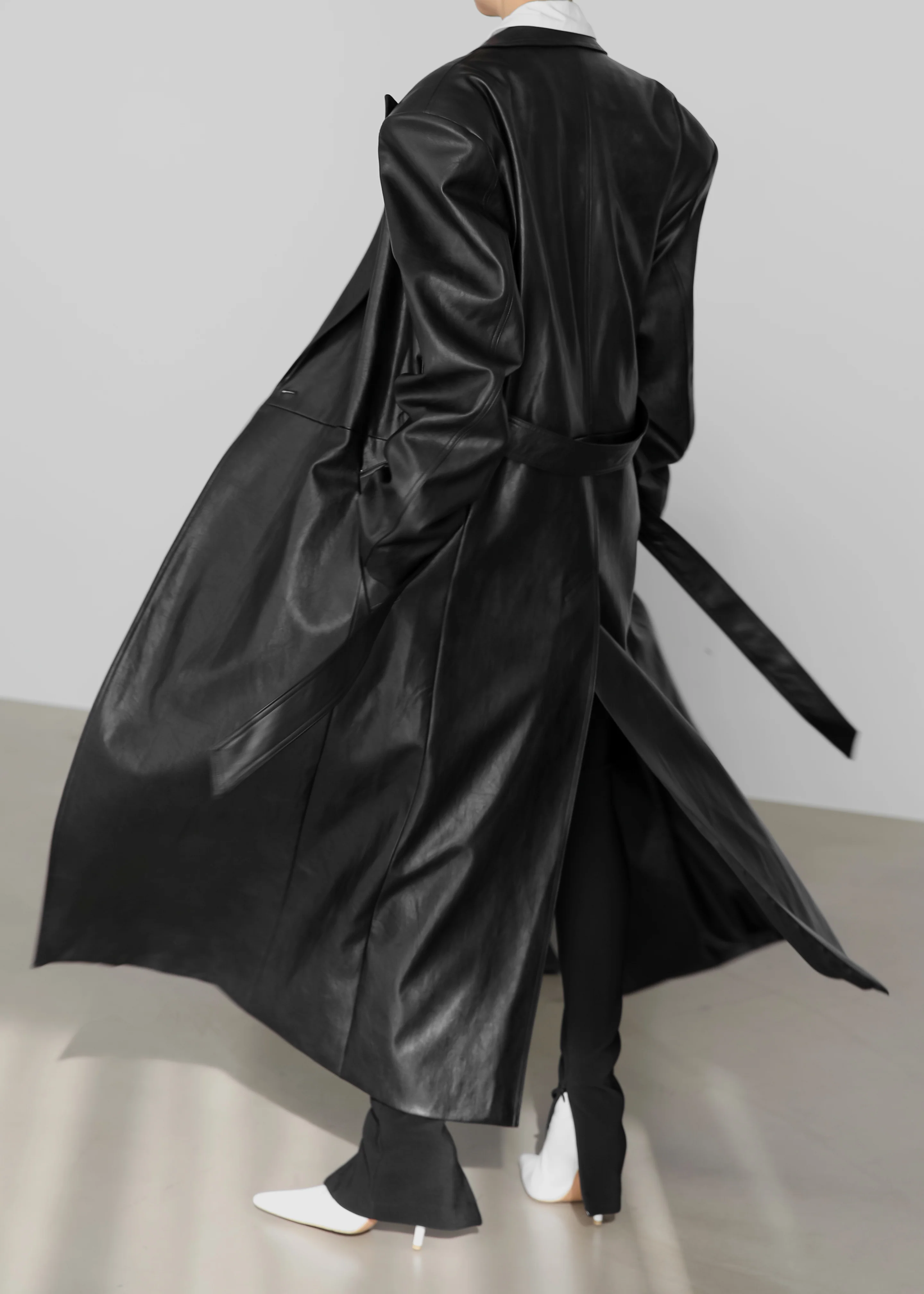 Connie Faux Leather Belted Trench Coat - Black - Image 11