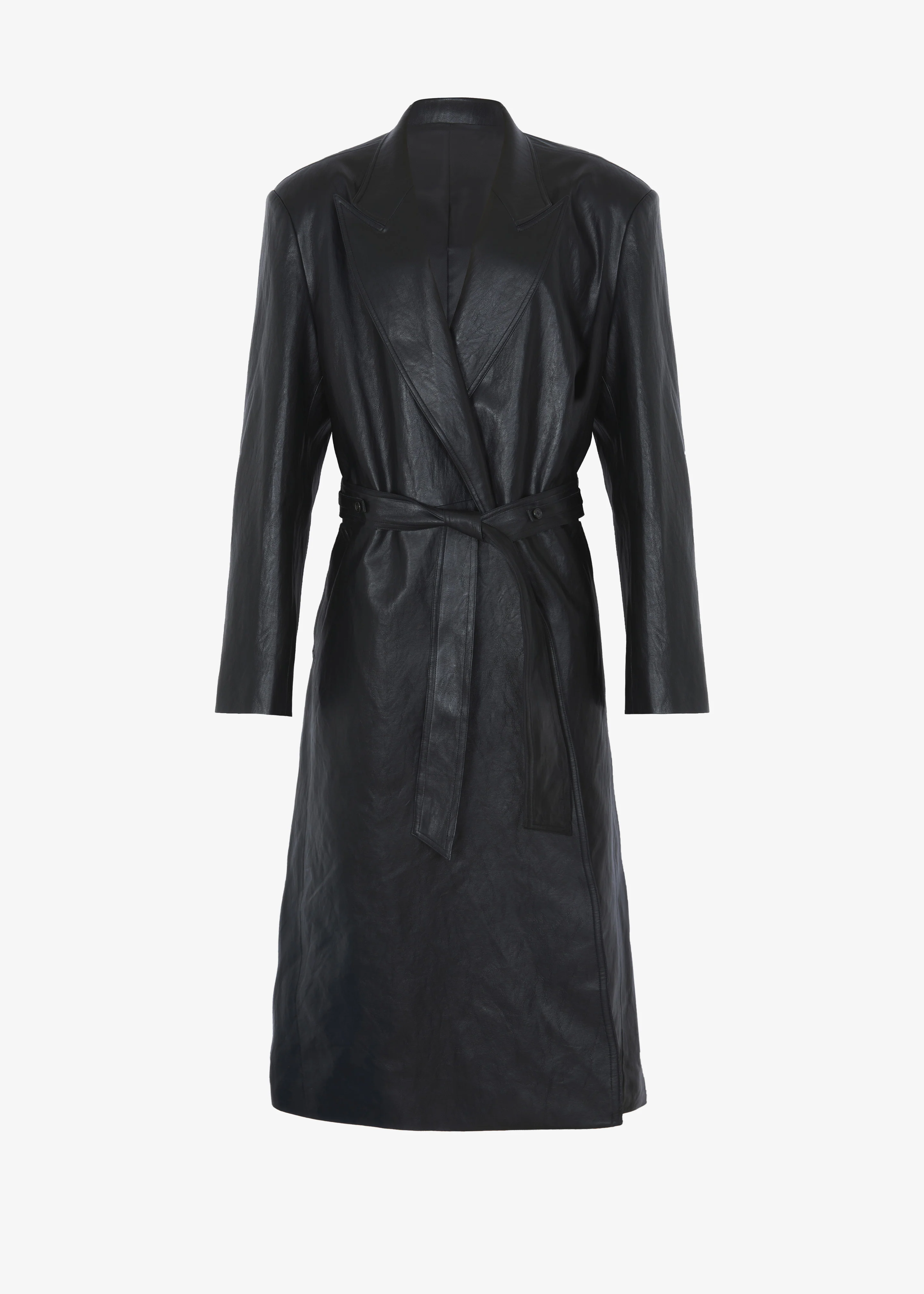 Connie Faux Leather Belted Trench Coat - Black - Image 12