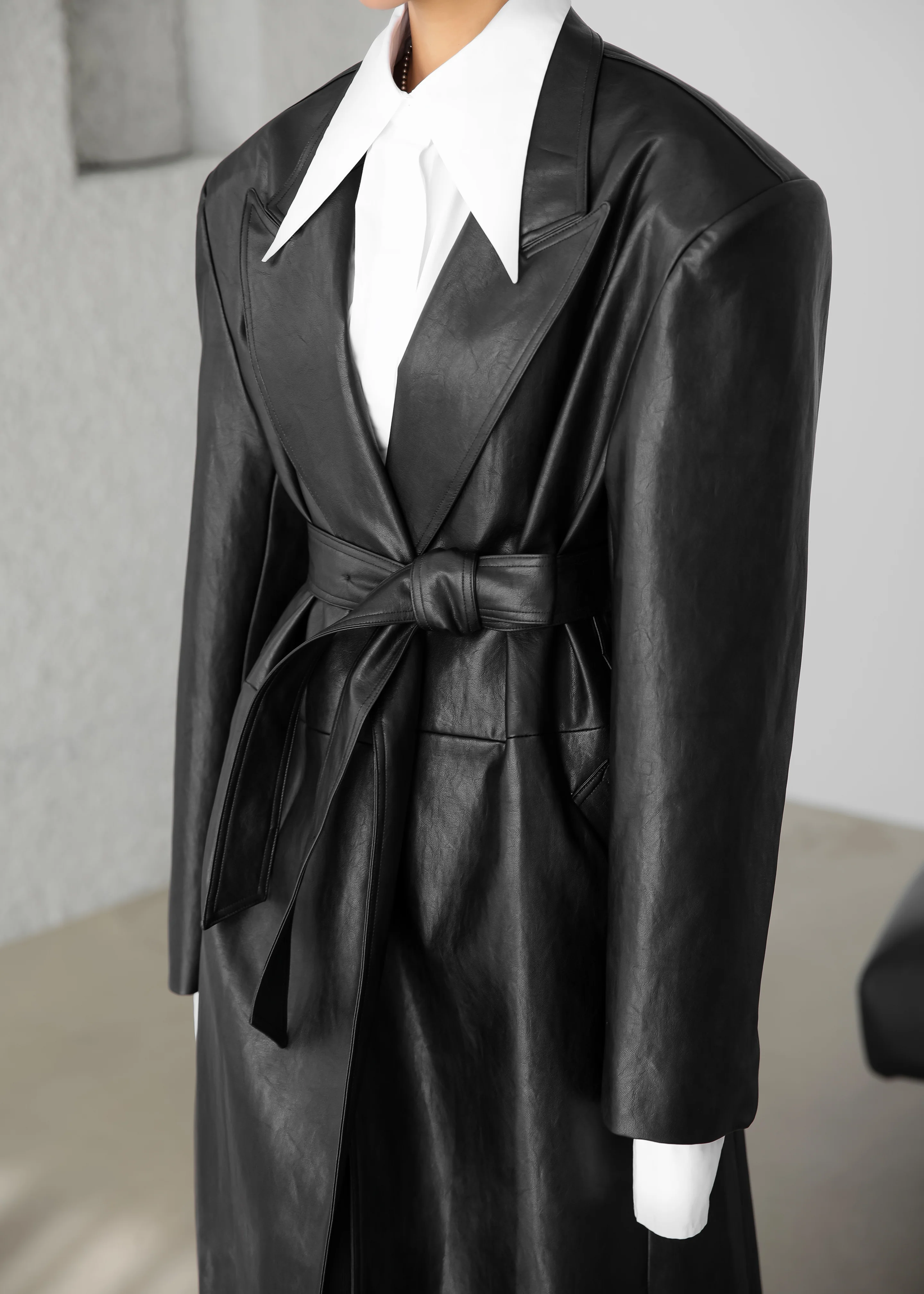 Connie Faux Leather Belted Trench Coat - Black - Image 6