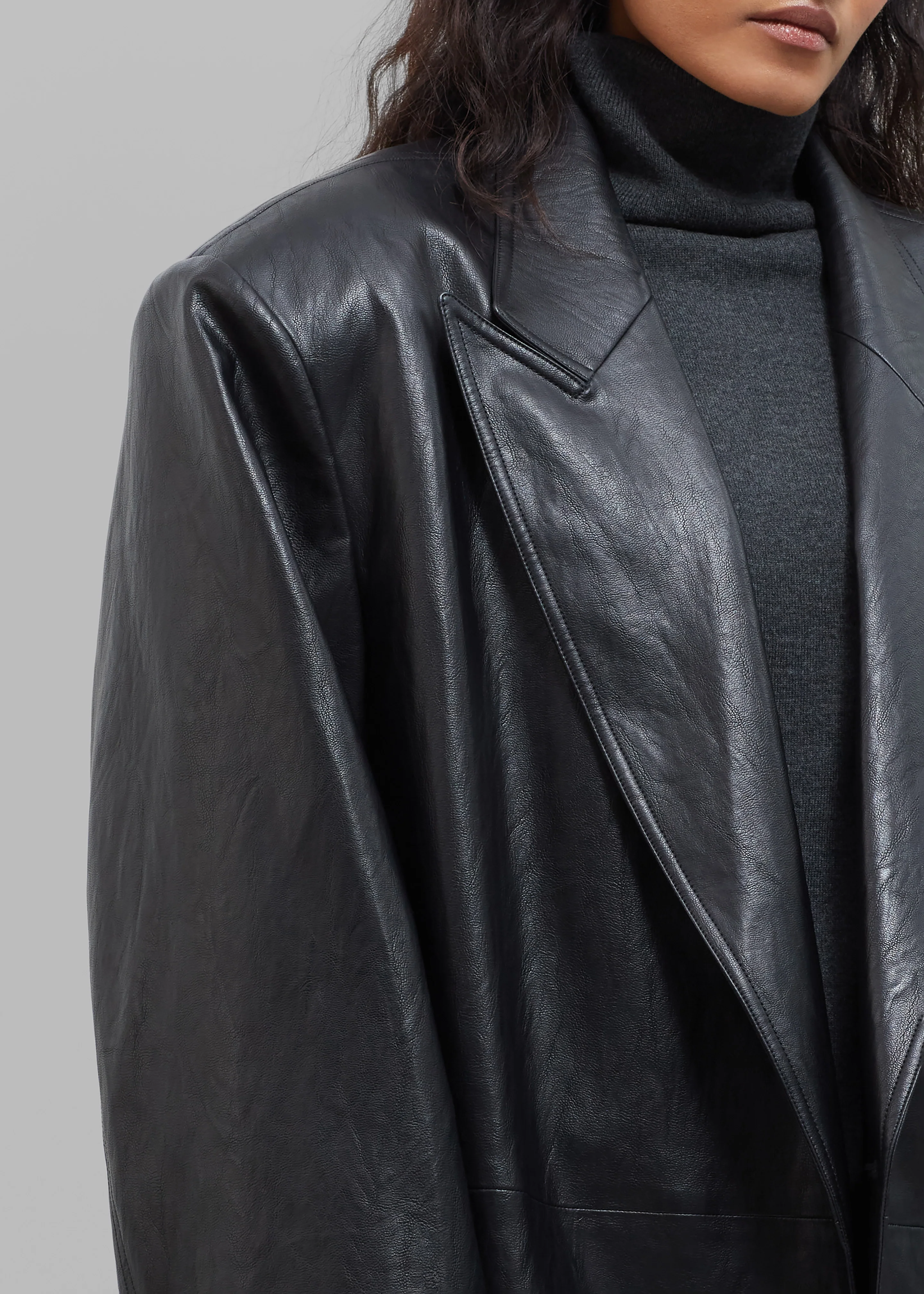 Connie Faux Leather Belted Trench Coat - Black - Image 9