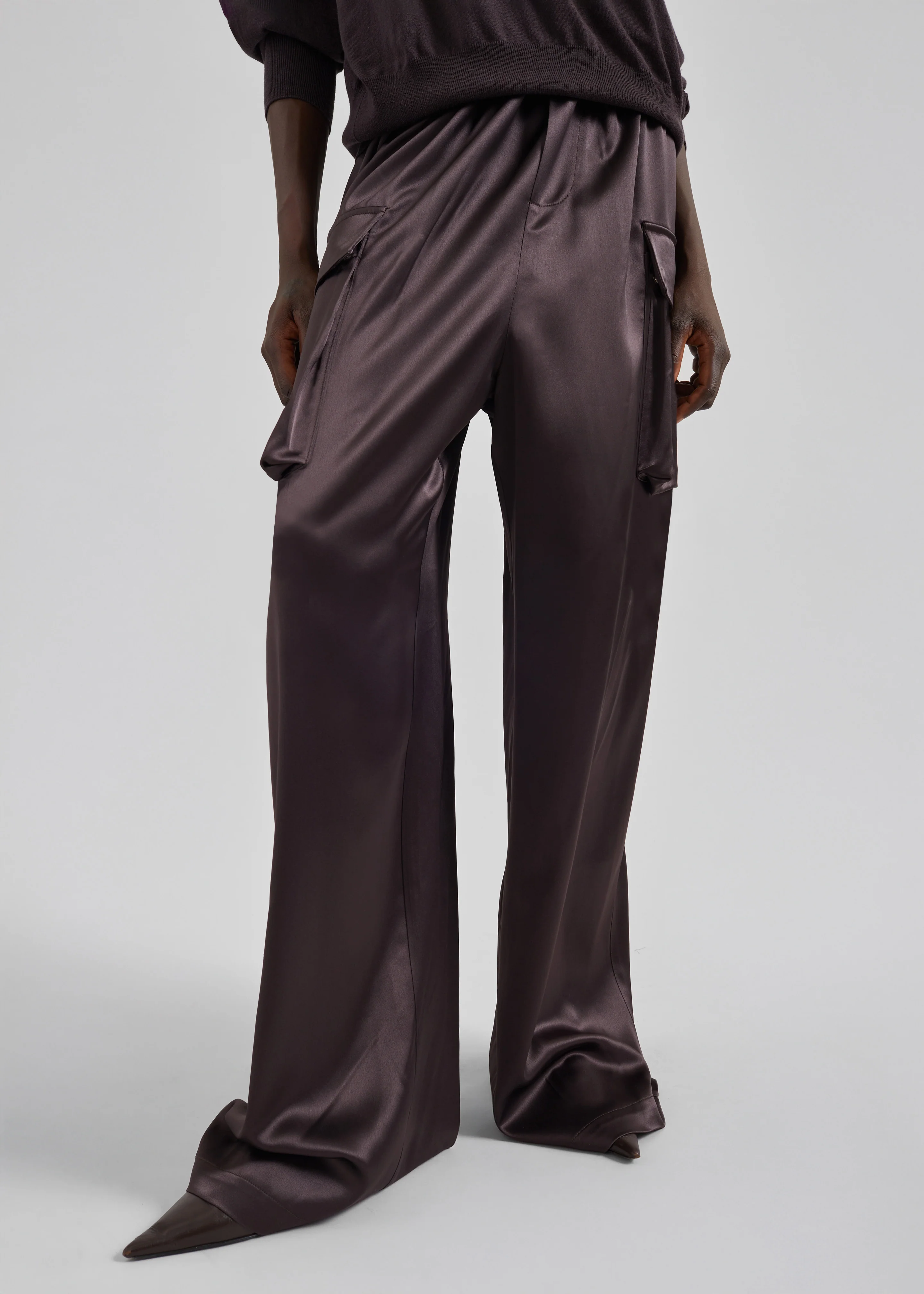 Delny Satin Cargo Pants - Dark Brown - Image 2