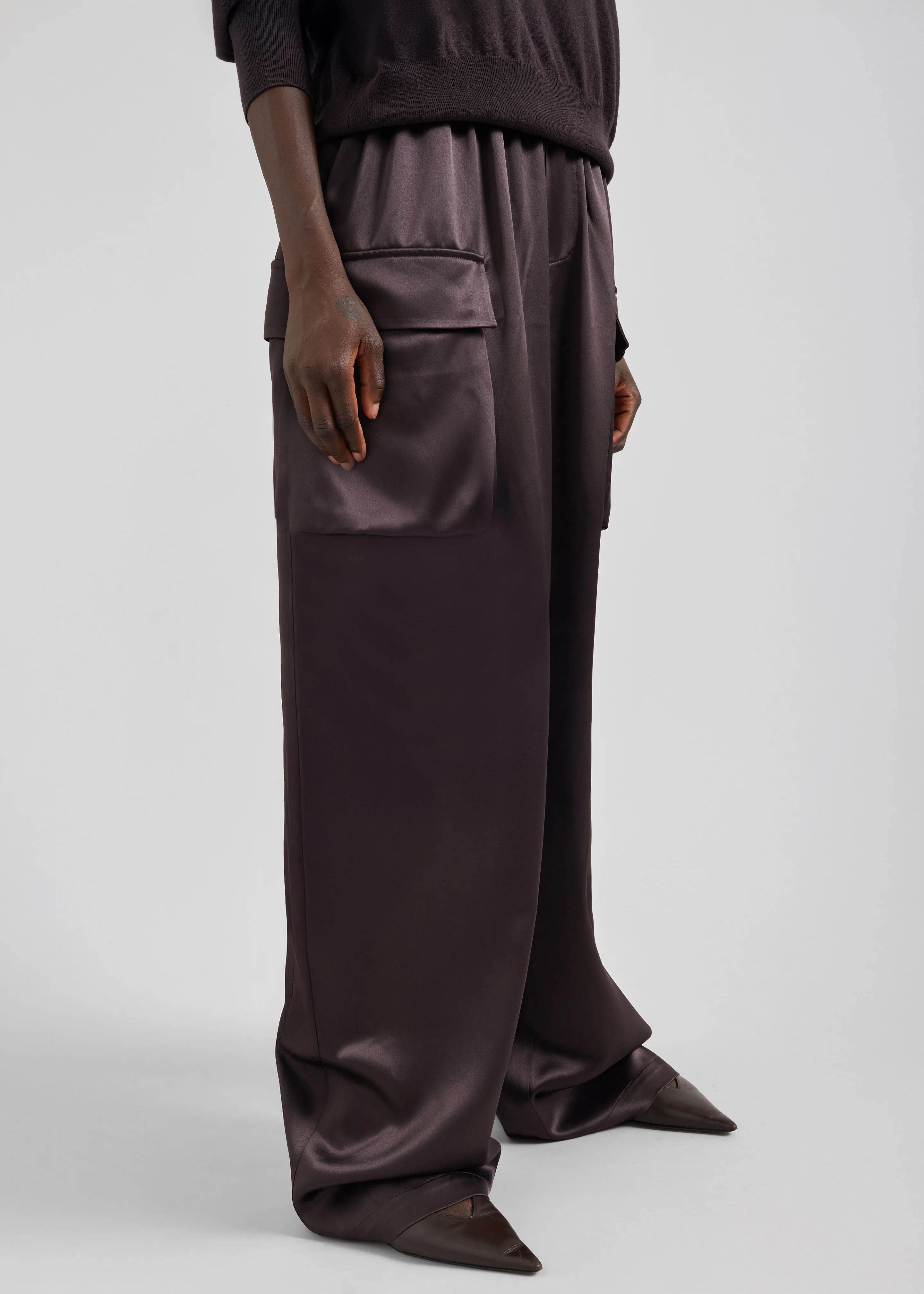 Delny Satin Cargo Pants - Dark Brown - Image 3
