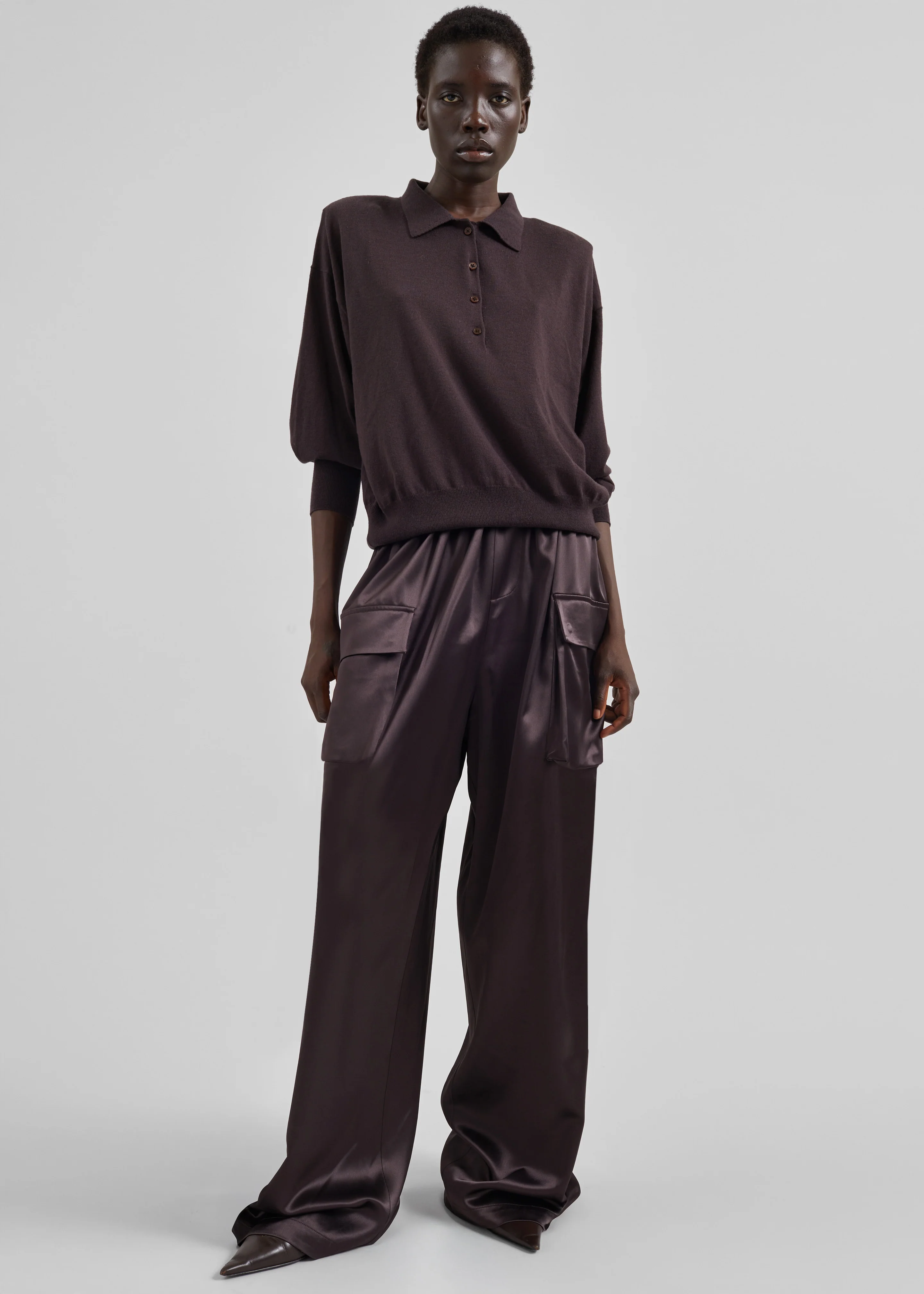 Delny Satin Cargo Pants - Dark Brown - Image 4