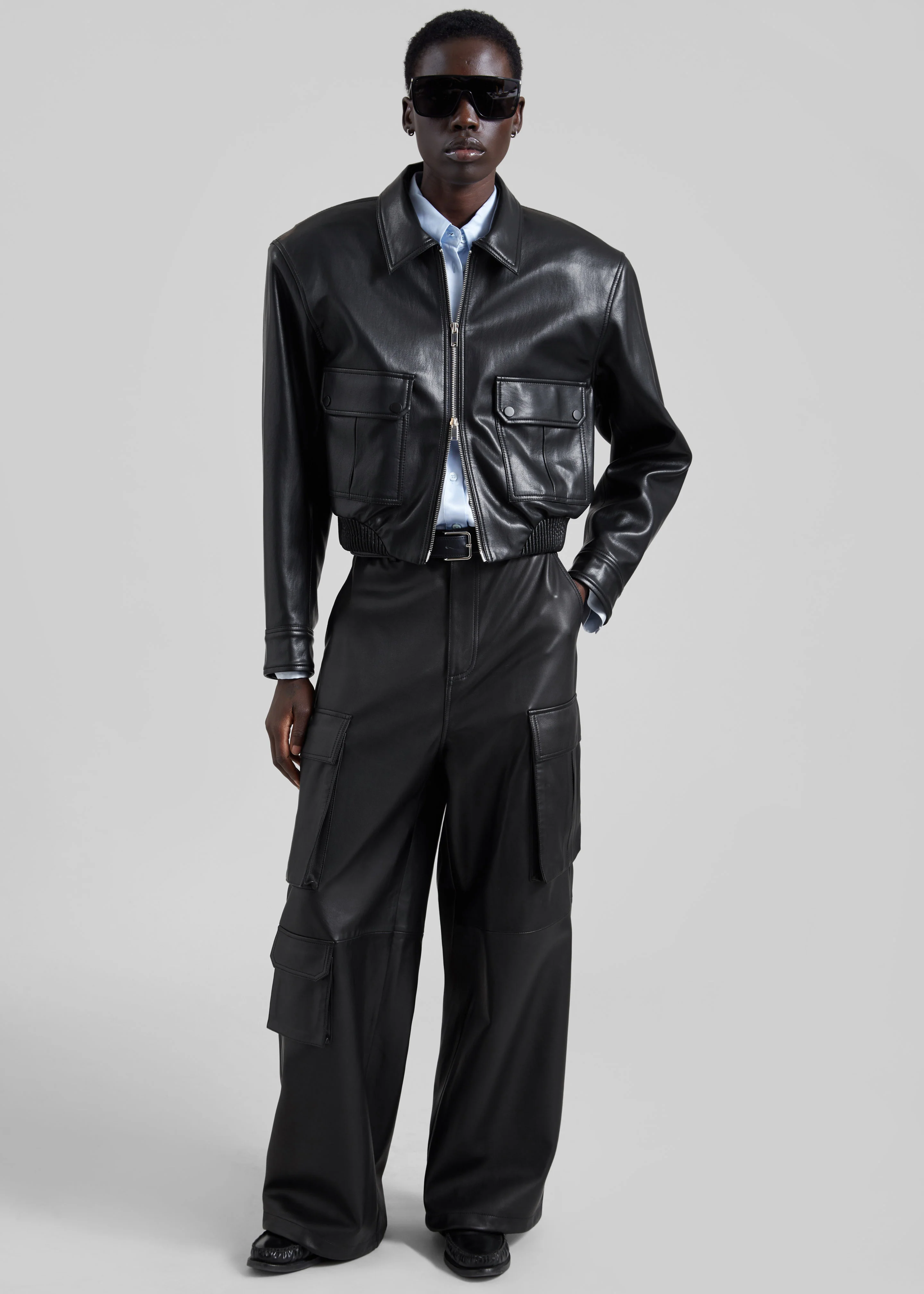 Denain Faux Leather Cropped Bomber Jacket - Black - Image 5