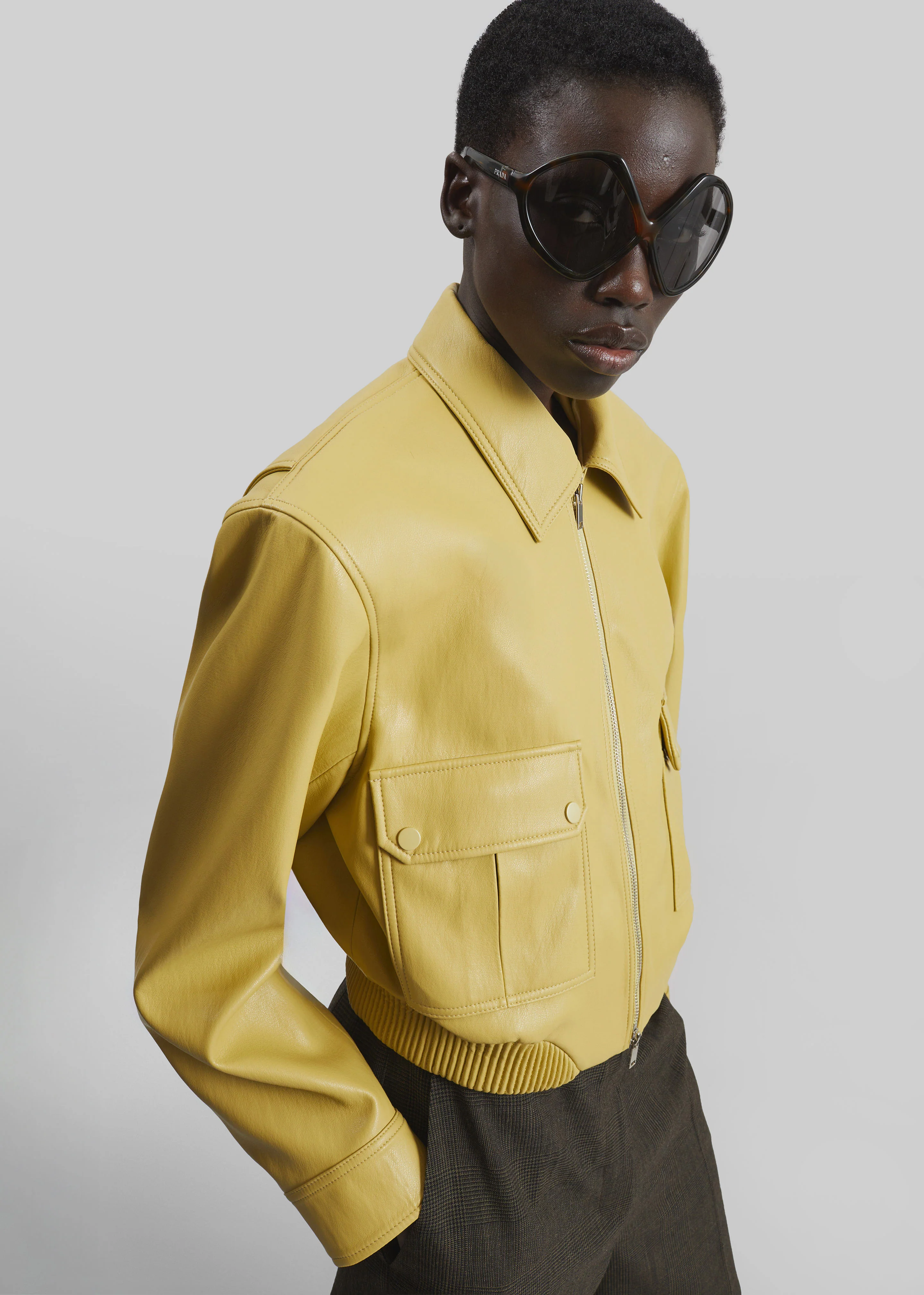Denain Faux Leather Cropped Bomber Jacket - Yellow - Image 2