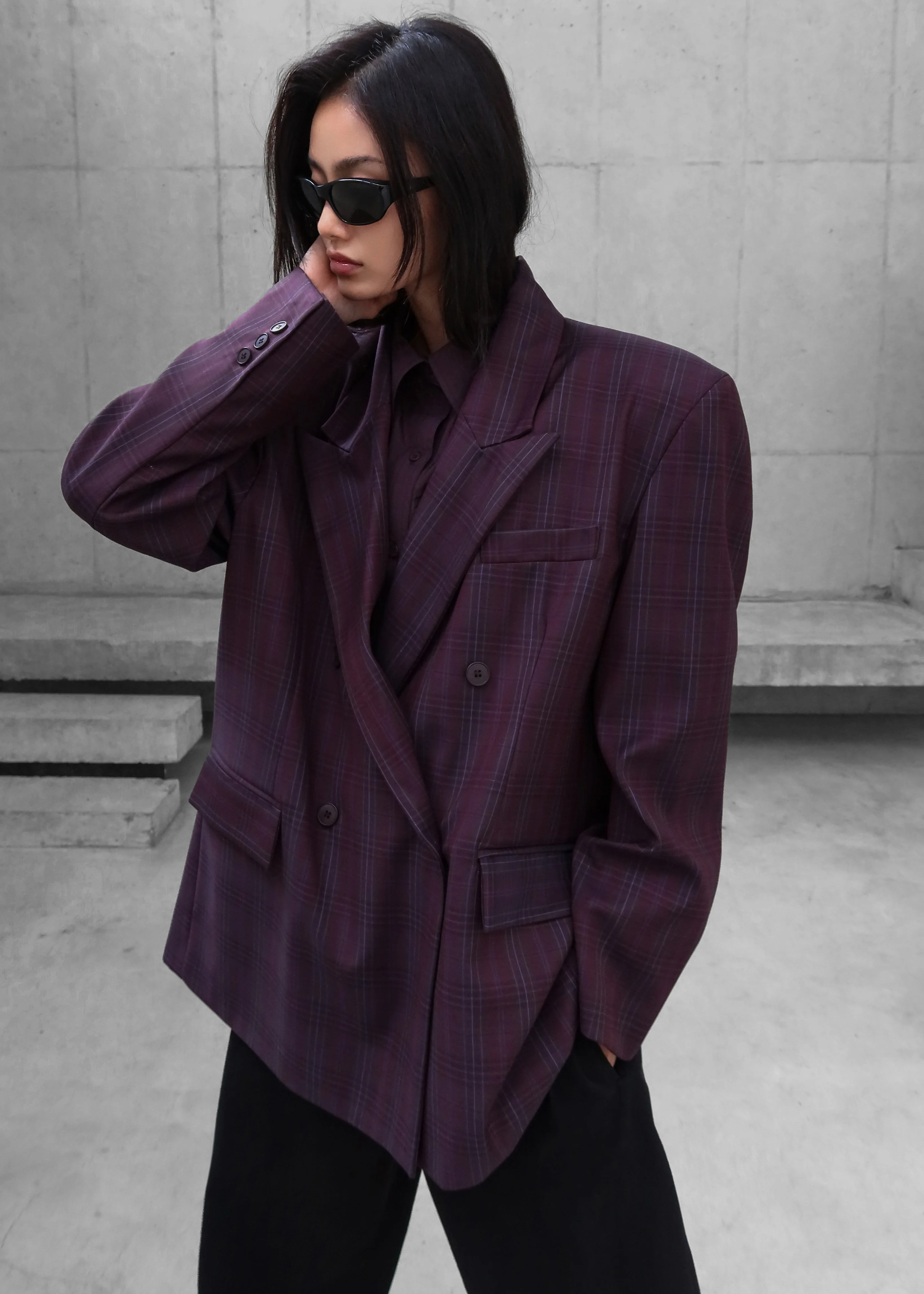 Dinant Padded Double-Breasted Blazer - Burgundy Plaid - Image 2