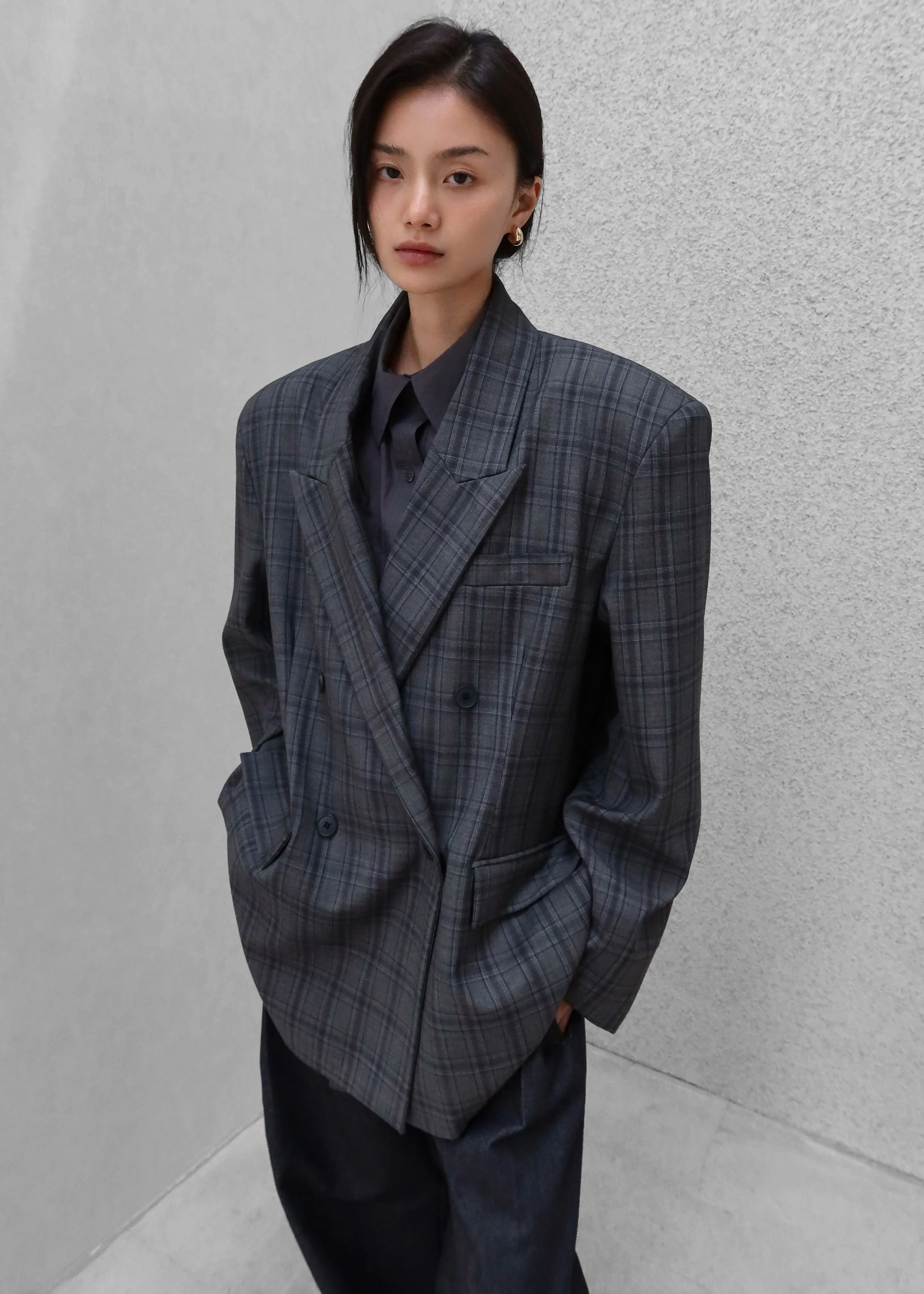 Dinant Padded Double-Breasted Blazer - Grey Plaid - Image 3