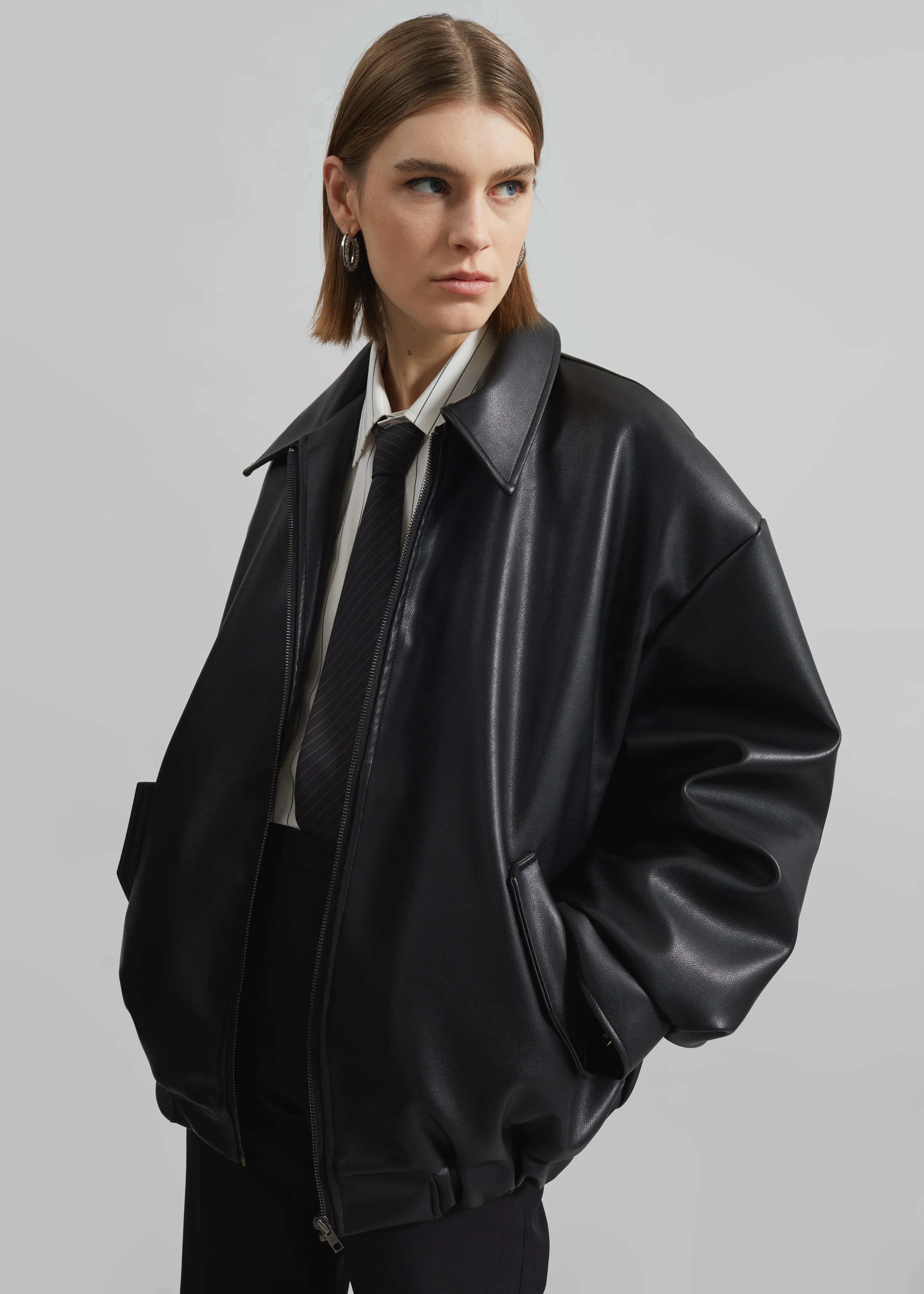 Elden Faux Leather Bomber Jacket - Black - Image 3