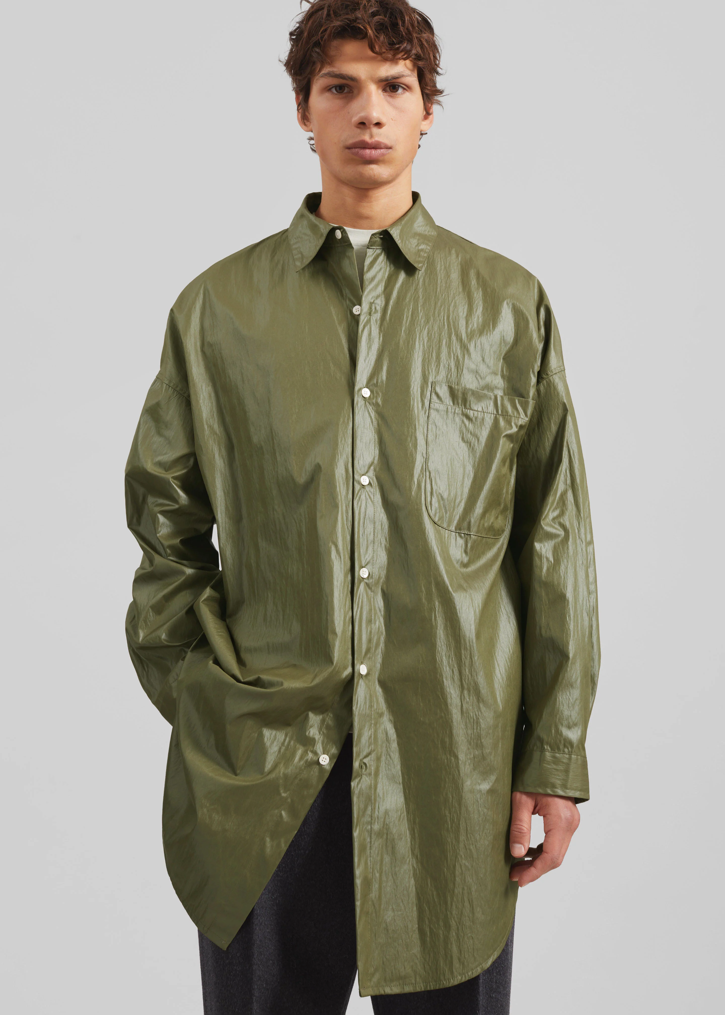 Etah Lustrous Oversized Shirt - Olive - Image 2