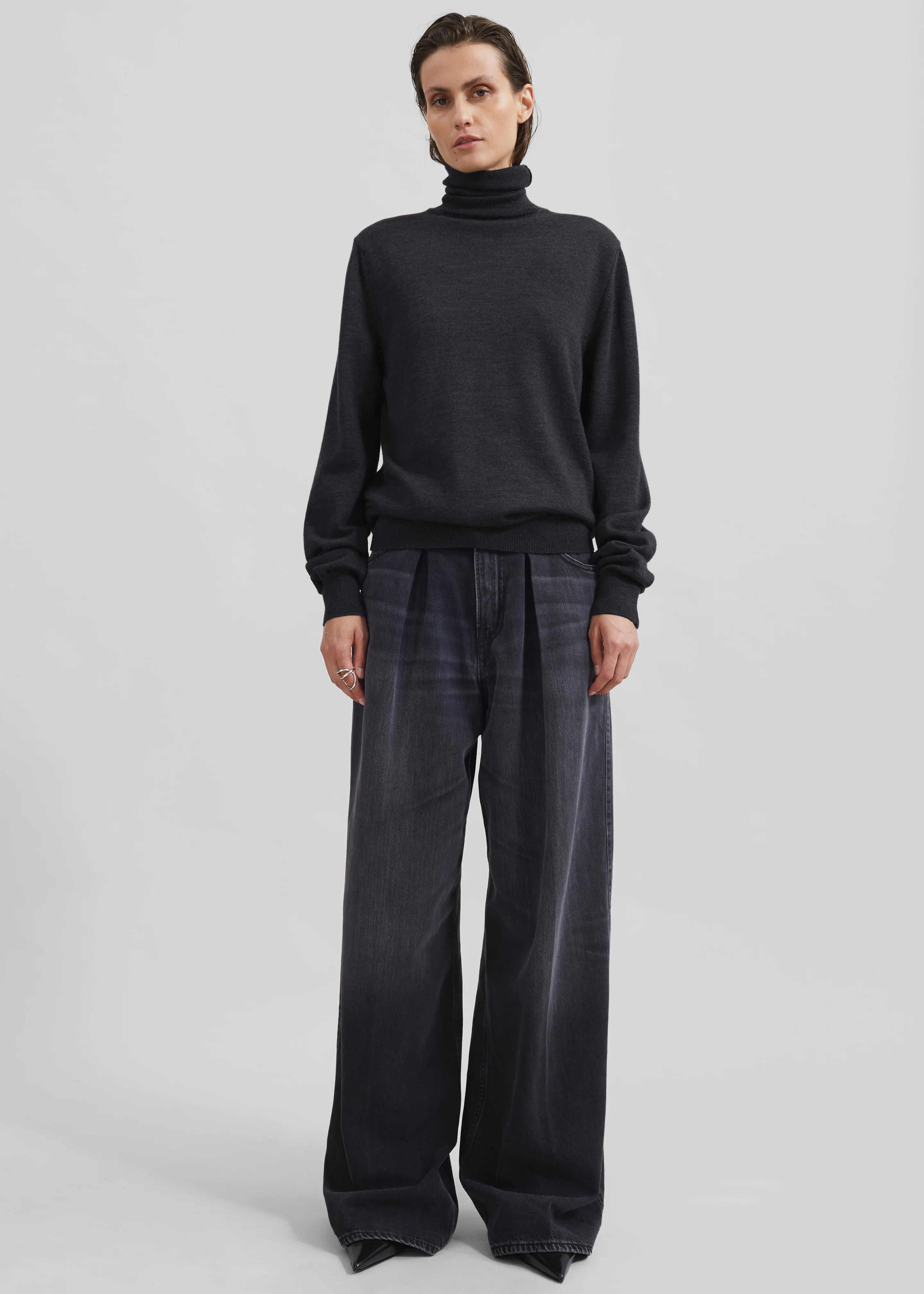 Eve Thin Turtleneck Sweater - Dark Grey Melange - Image 5