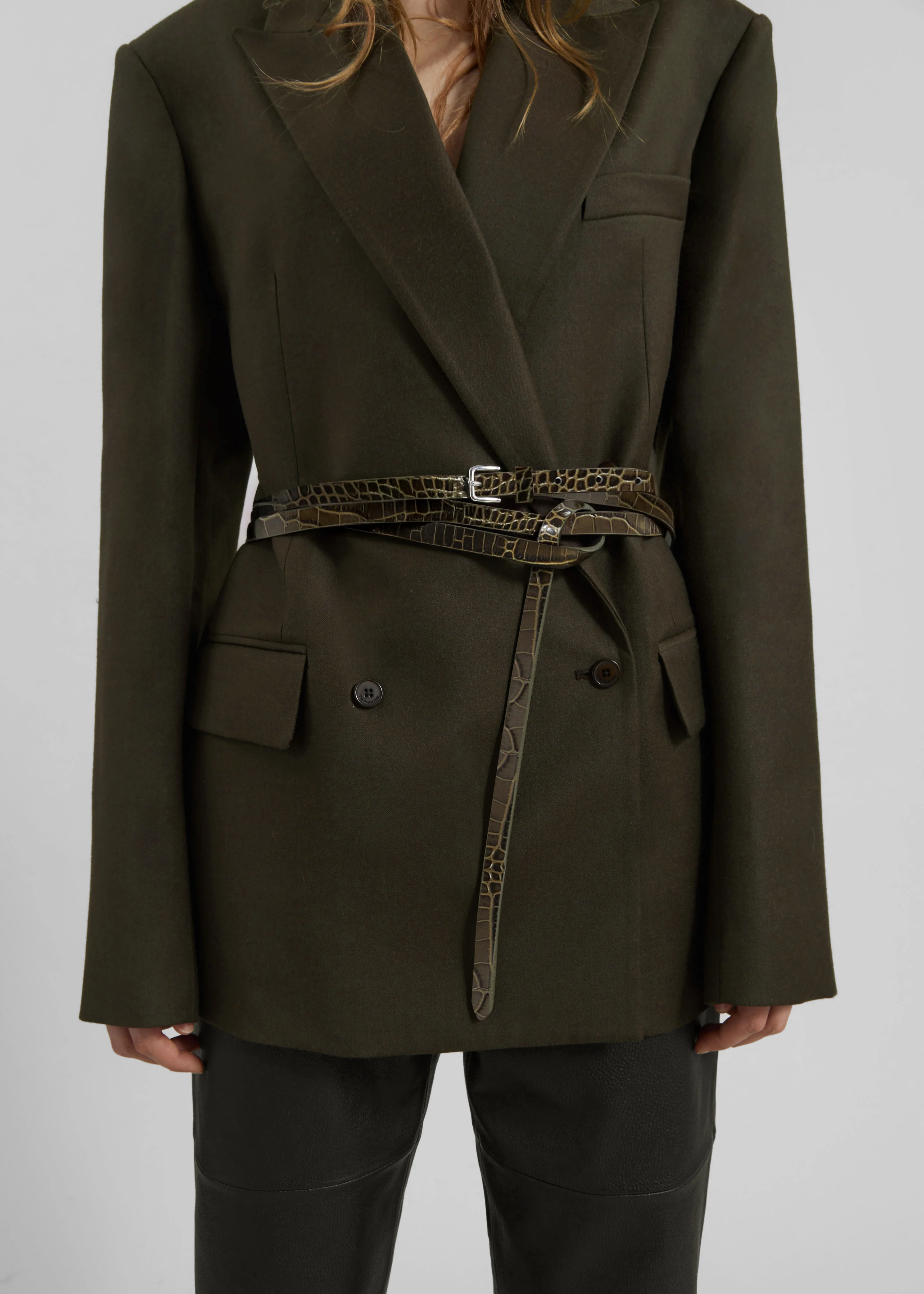 Eyam Croc-Effect Leather Belt - Olive - Image 2