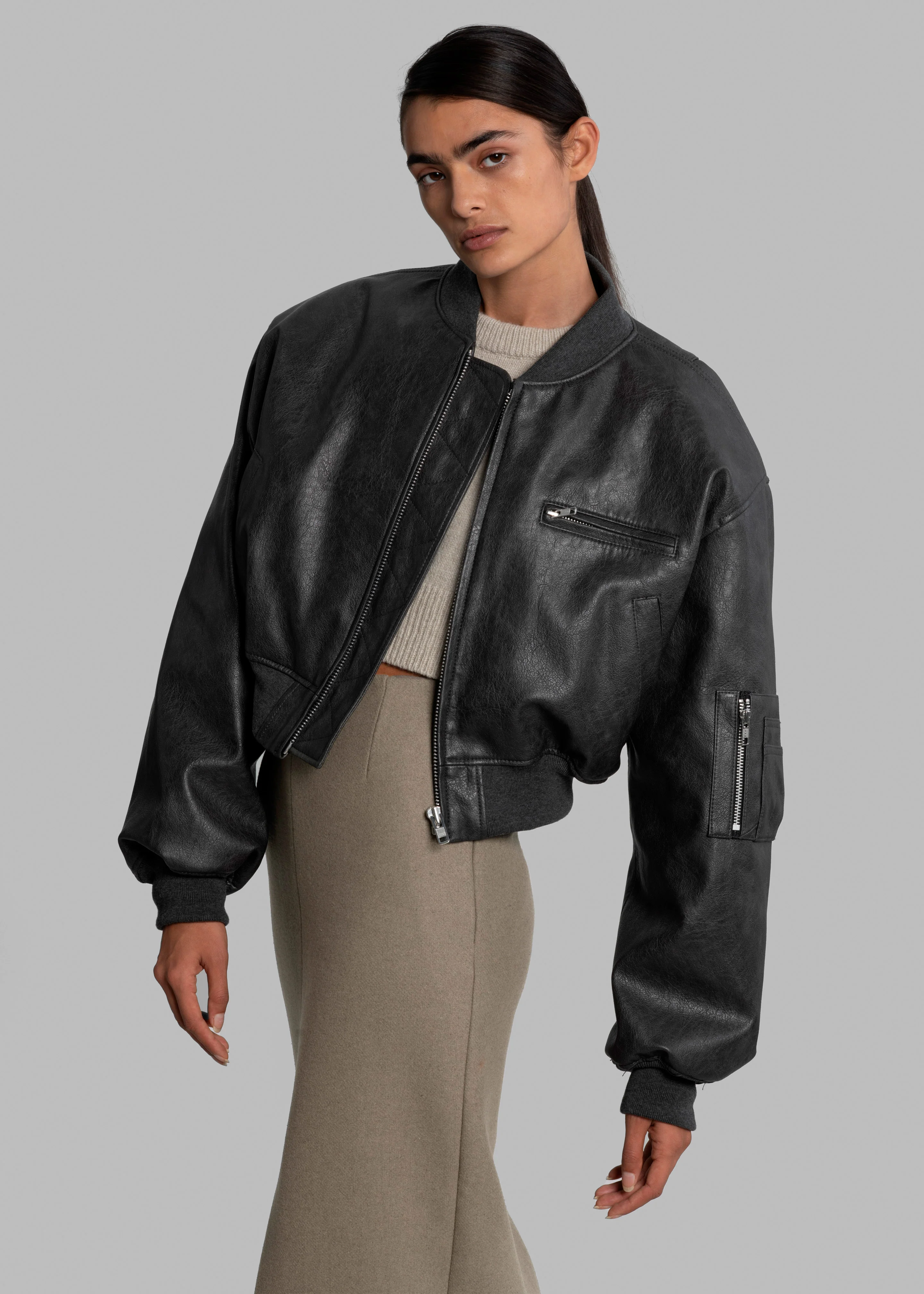 Gae Faux Leather Cropped Bomber - Charcoal - Image 3
